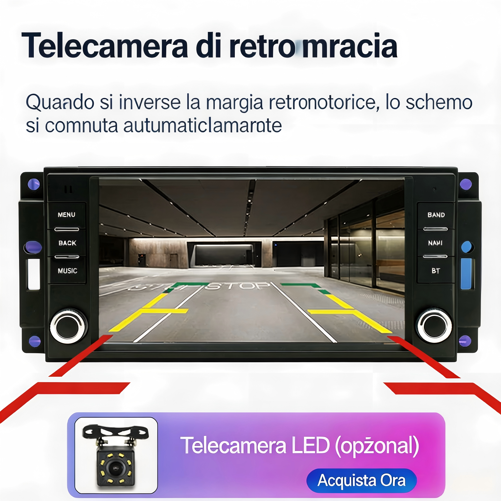 Un autoradio mostra la vista di una telecamera di retromarcia di un garage.
