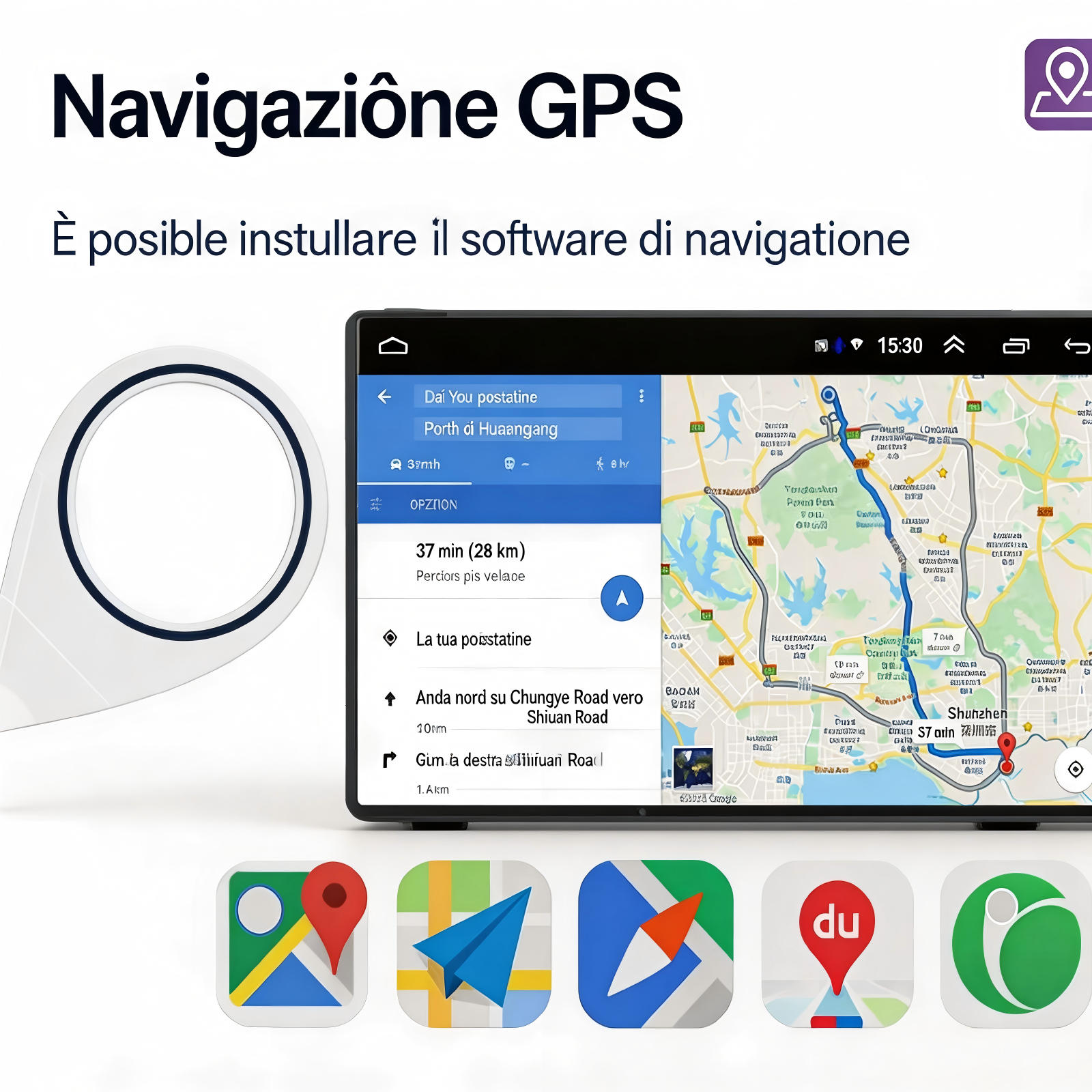 Un dispositivo GPS di navigazione mostra un percorso su una mappa. Diverse icone di app sono mostrate sotto.