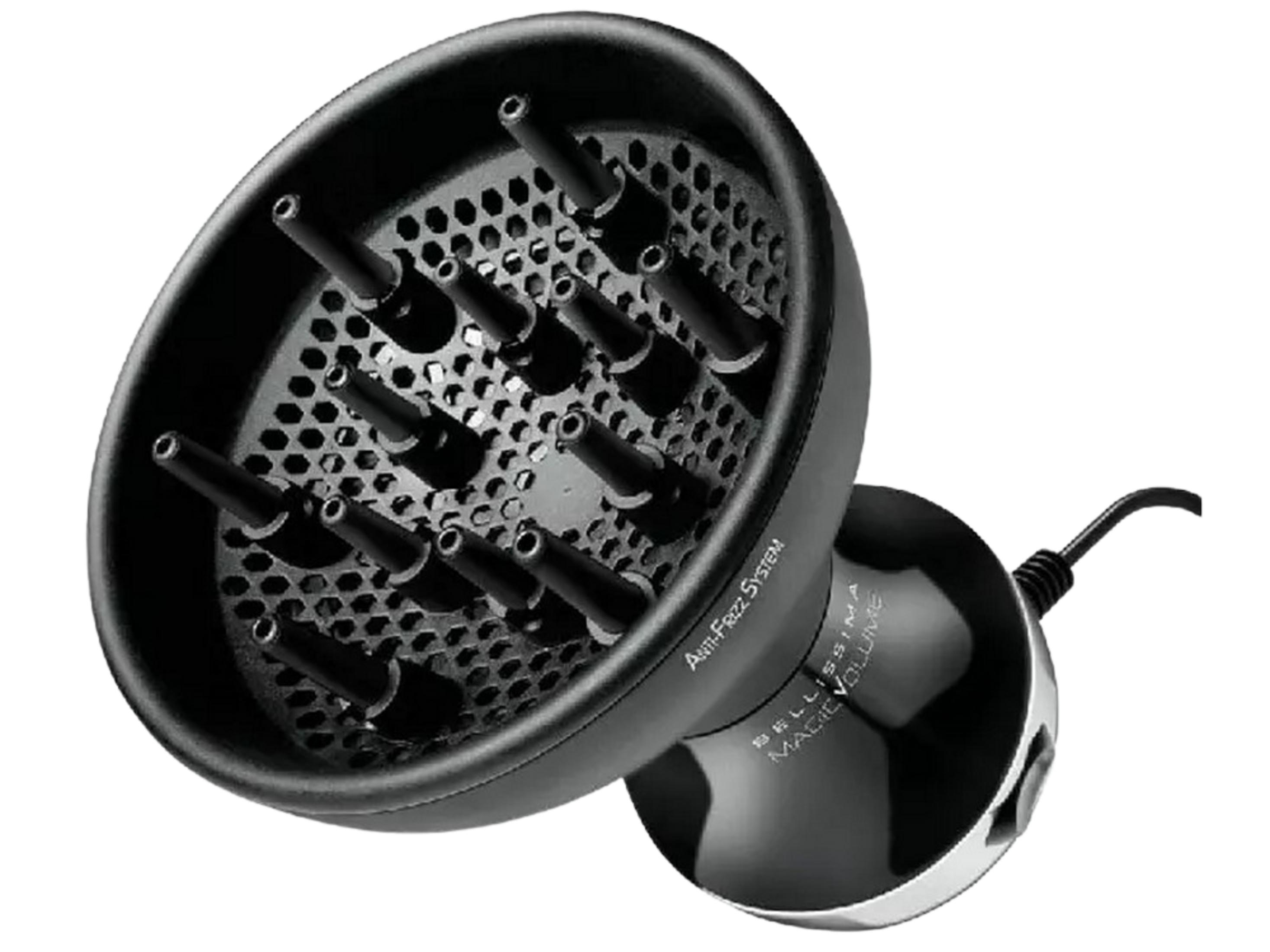 Diffusore nero per asciugacapelli con molte punte e superficie forata. Scritta "Bellissima Magic Volume".