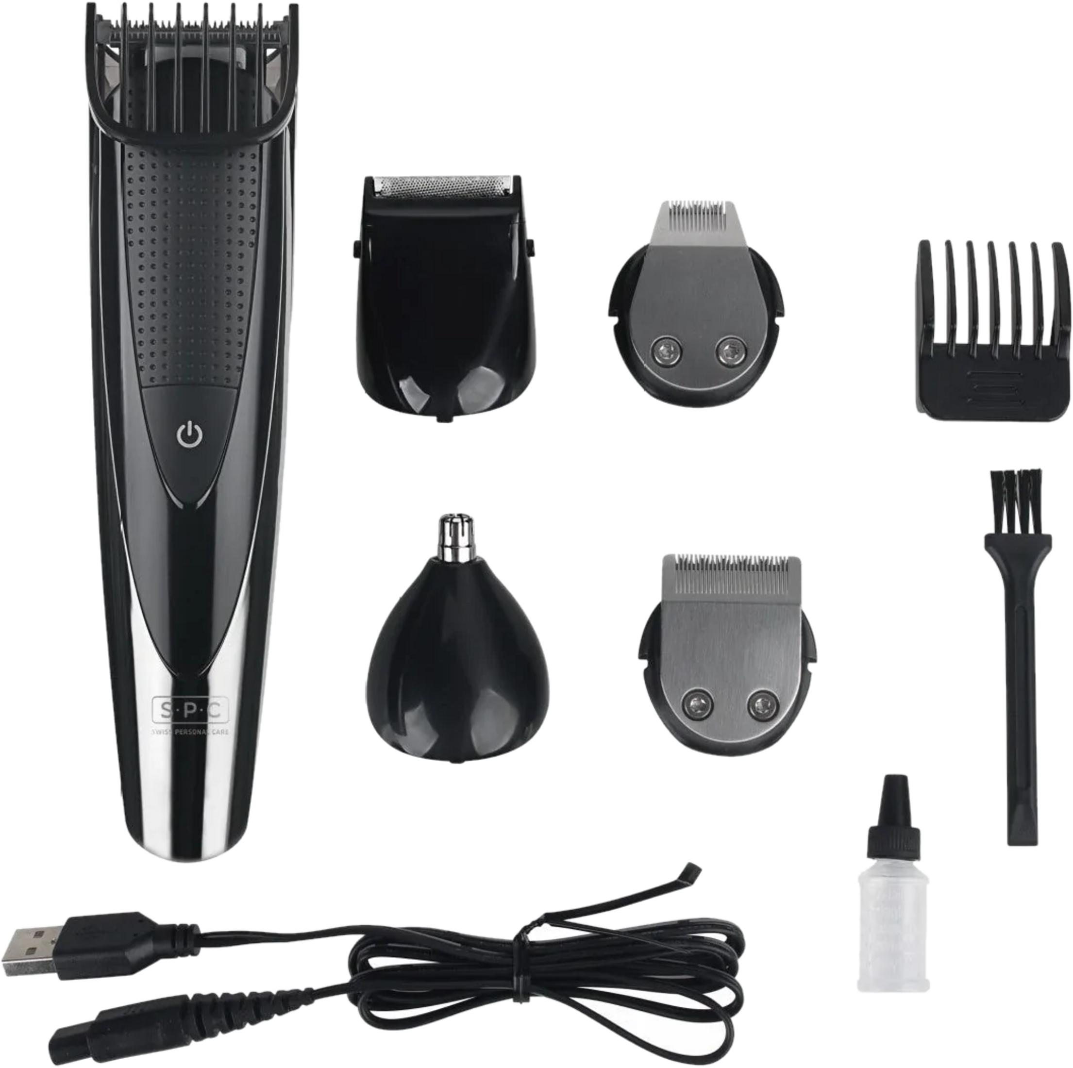 Schwarzes Pflegeset mit Trimmer, Aufsätzen, USB-Kabel, Öl und Bürste.