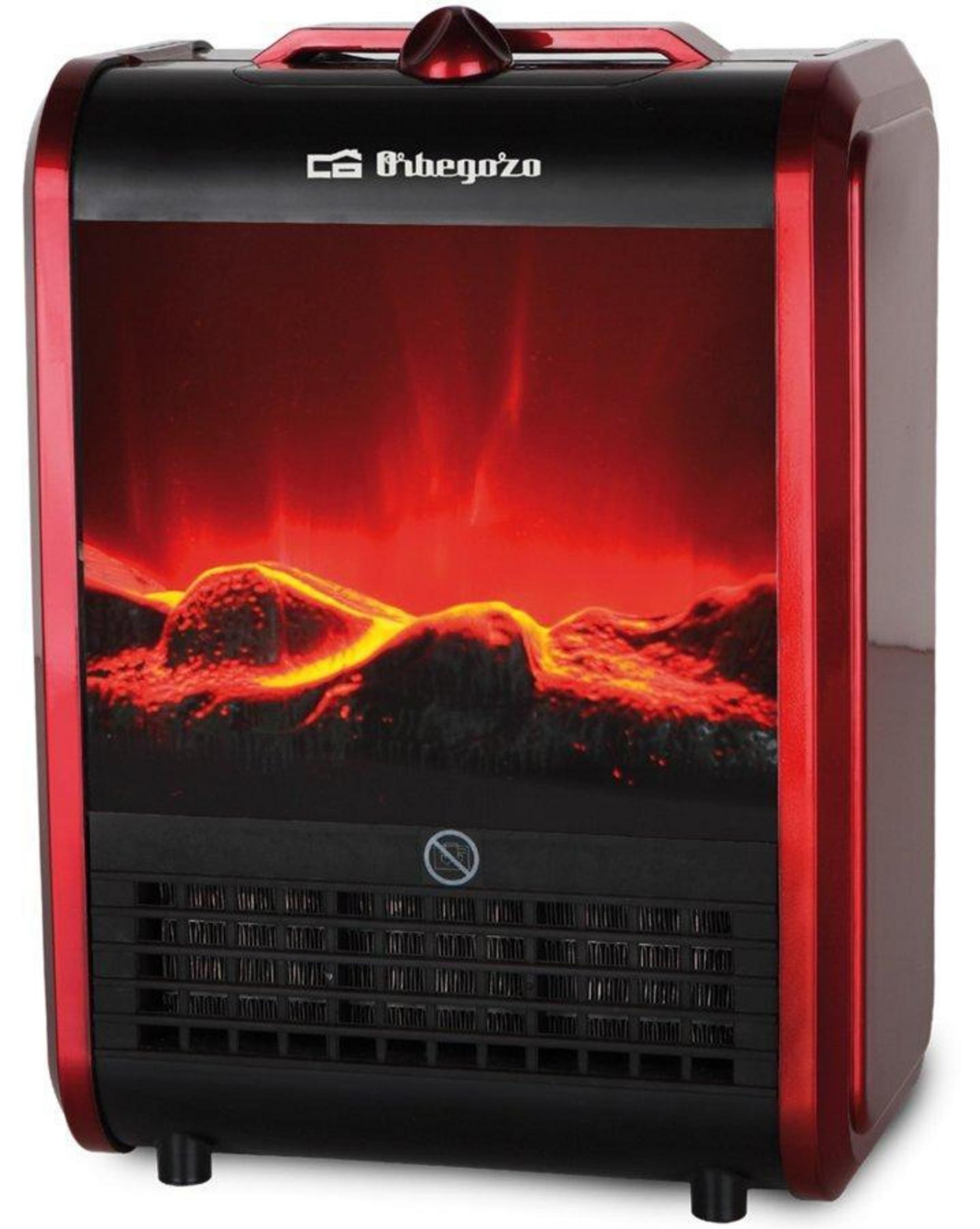 Un caminetto elettrico rosso e nero con effetto fiamma realistico e griglie di ventilazione.