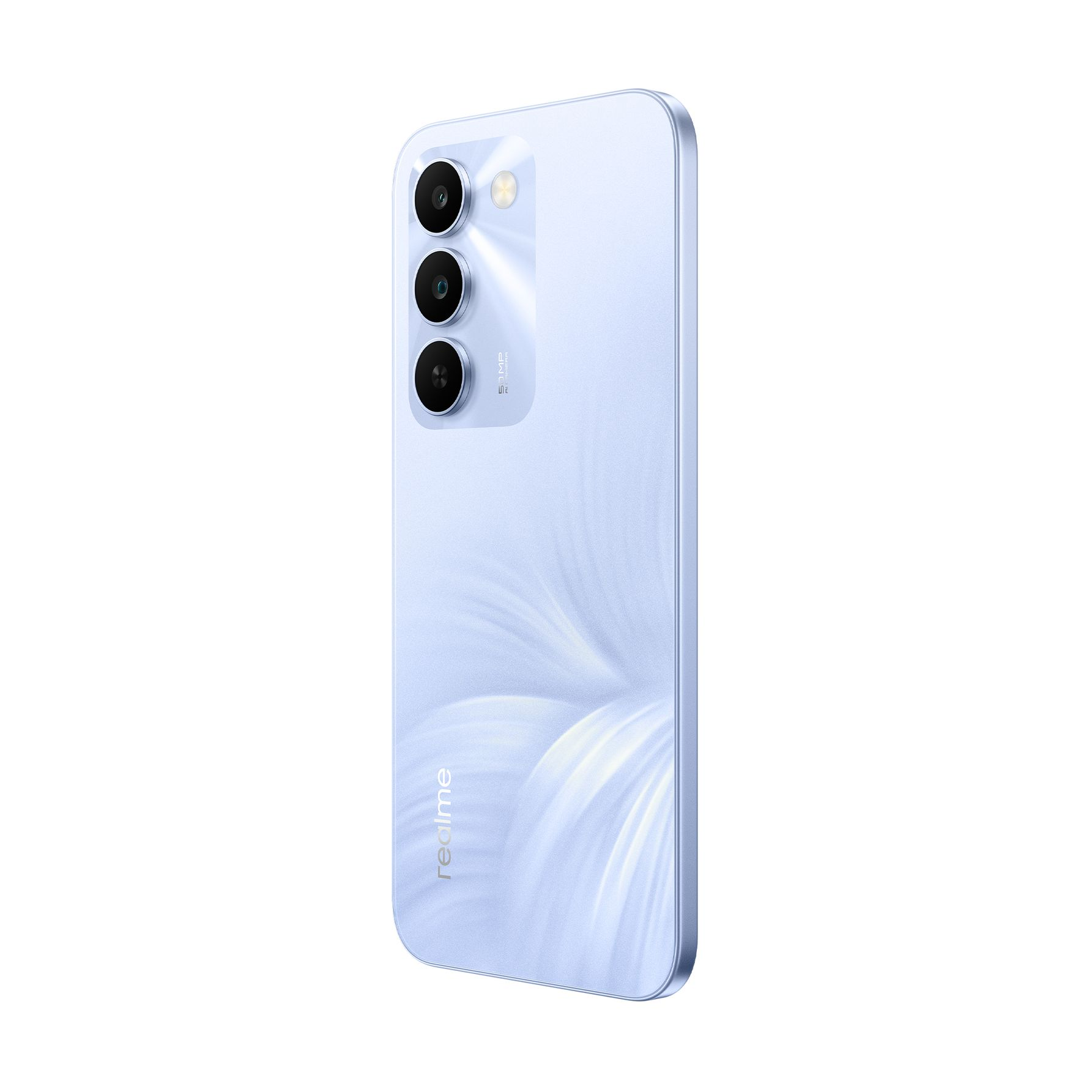 Ein hellblaues Smartphone mit drei Kameras auf der Rückseite.