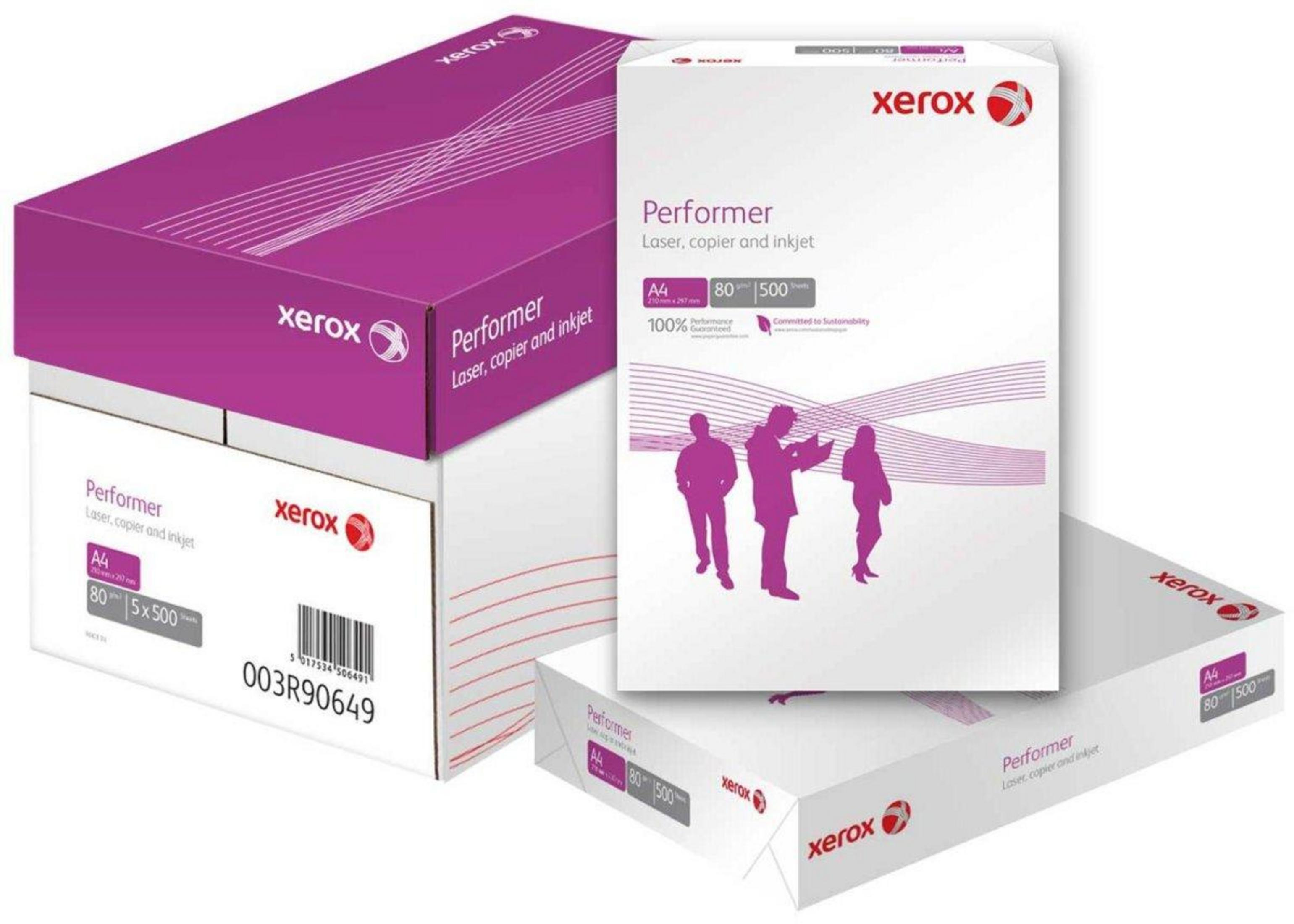 Cajas de papel Xerox Performer, moradas y blancas, con siluetas de personas.