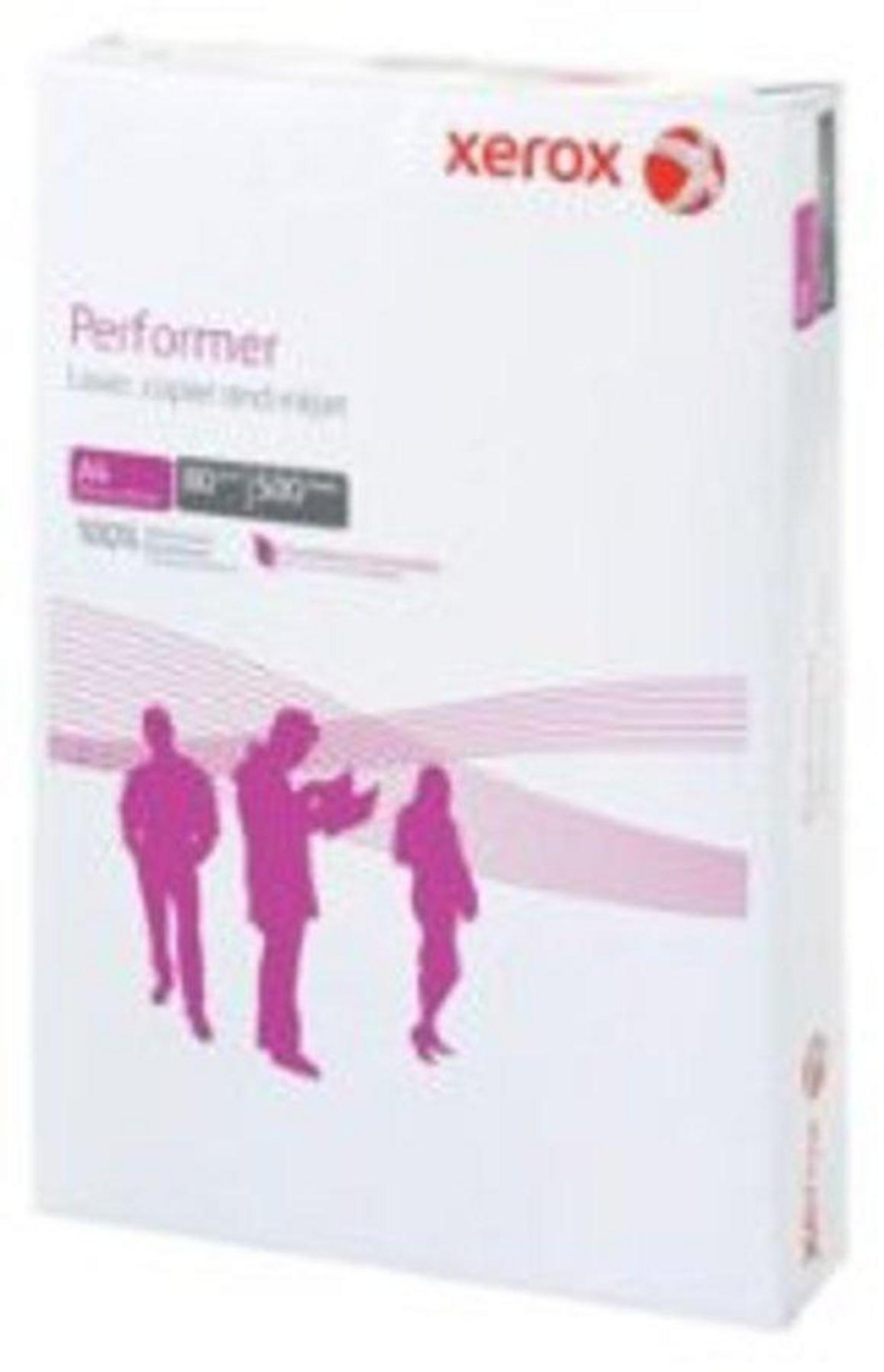 Caja blanca de papel Xerox Performer con siluetas rosas de personas y líneas.