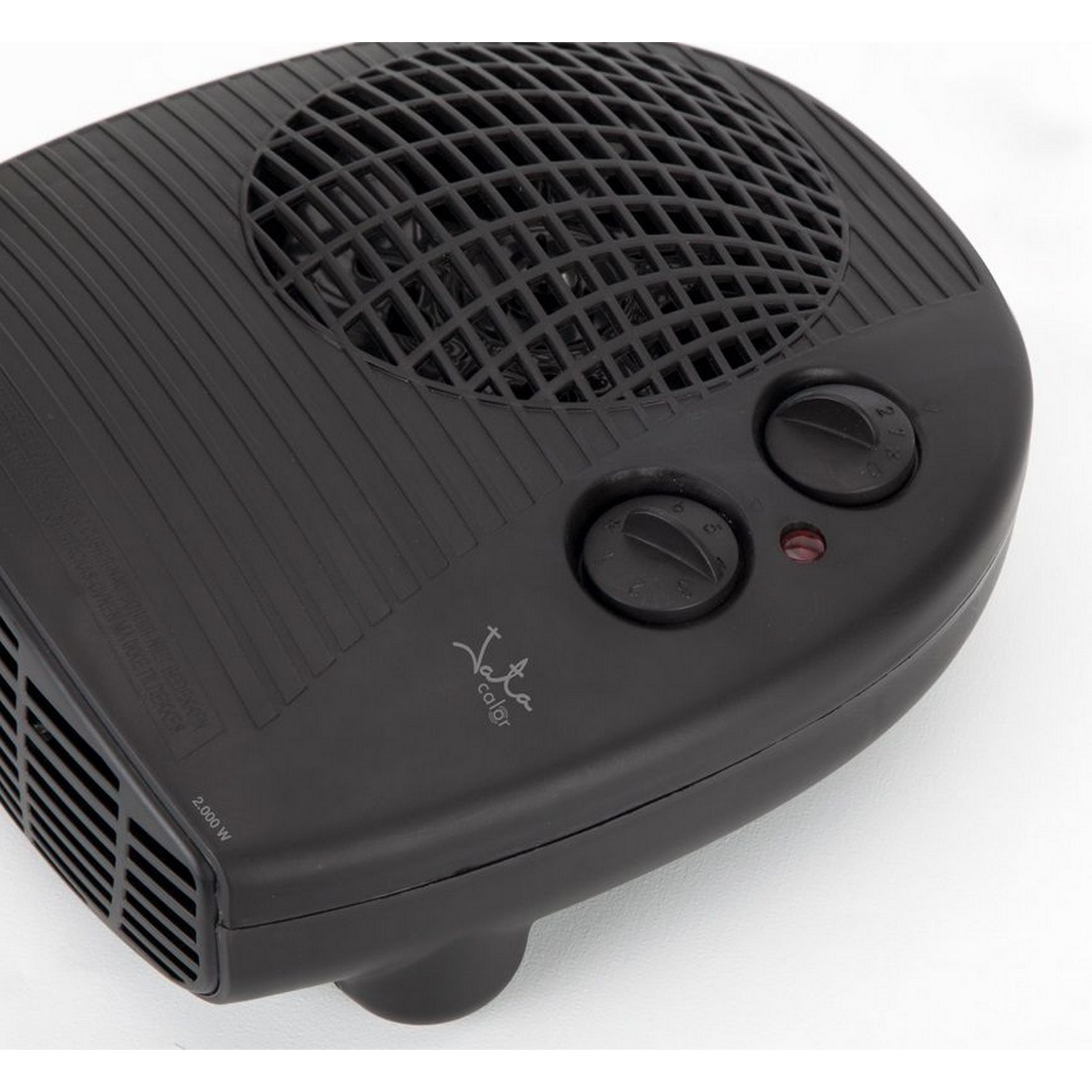 Un calefactor portátil negro con rejilla de ventilación y mandos.
