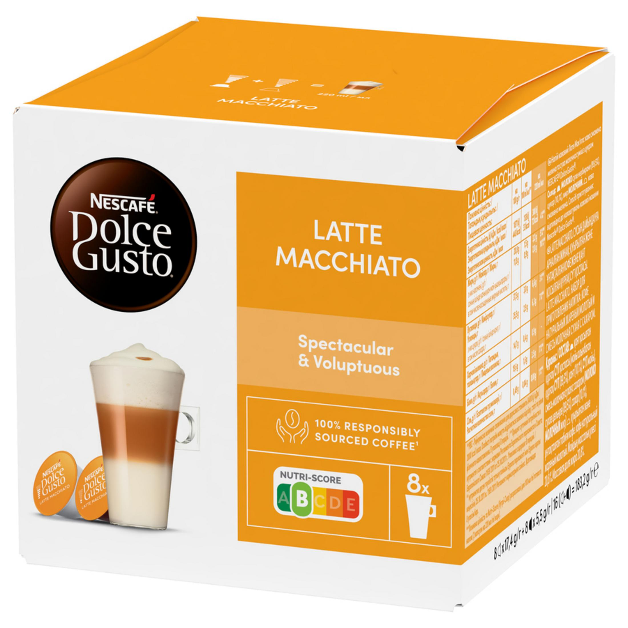Scatola Nescafé Dolce Gusto Latte Macchiato con due cialde e un bicchiere di caffè.