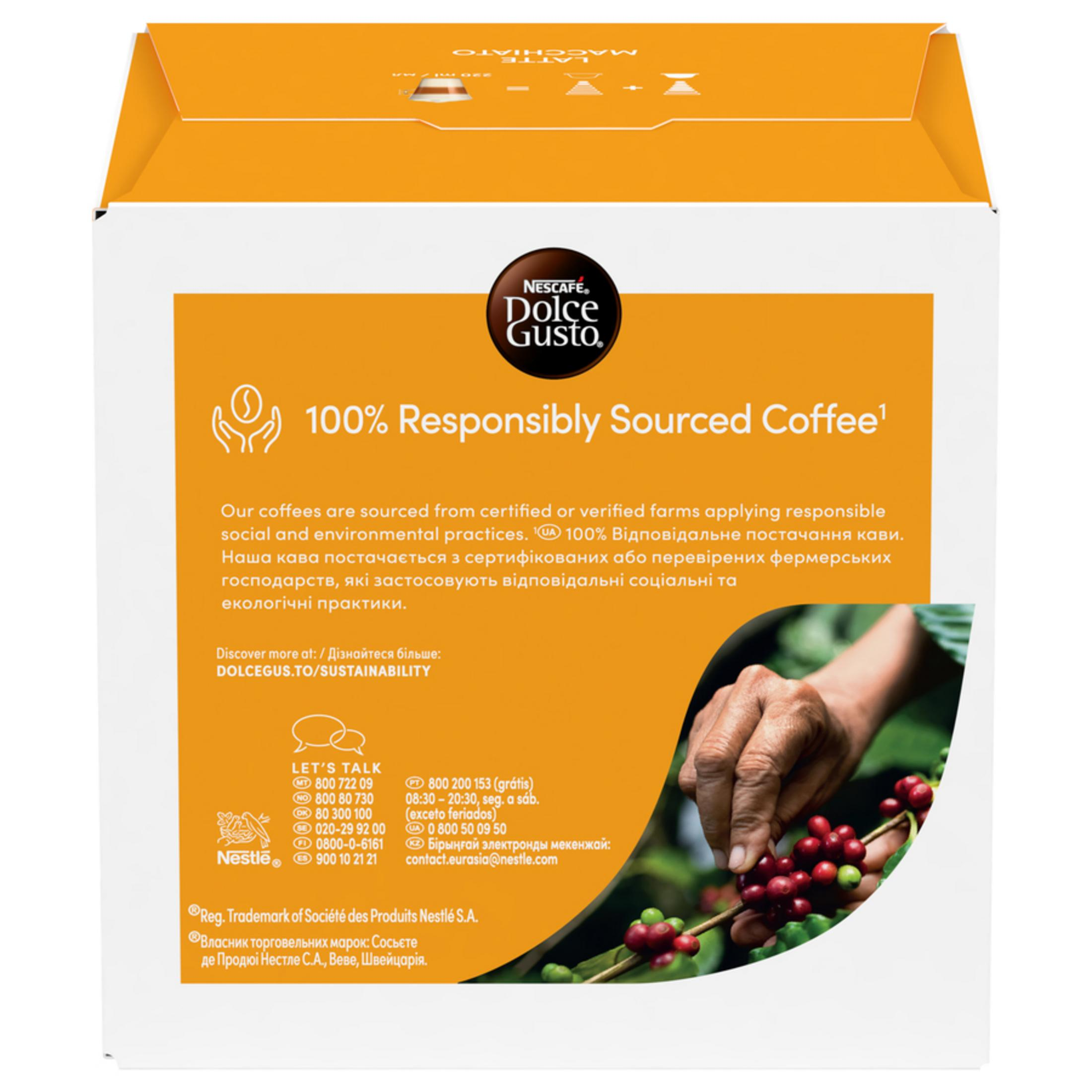 Confezione di caffè NESCAFÉ Dolce Gusto con informazioni sull'approvvigionamento responsabile e ciliegie di caffè.