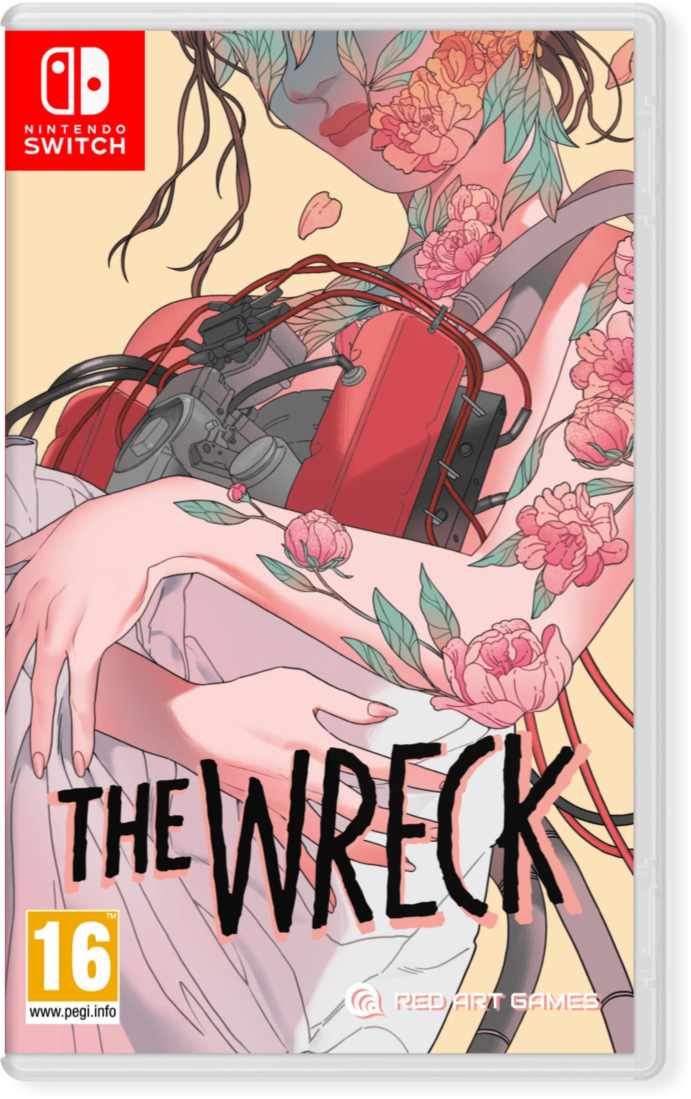 Caja de juego Nintendo Switch: 'The Wreck'. Mujer con flores en el cuerpo, maquinaria roja.