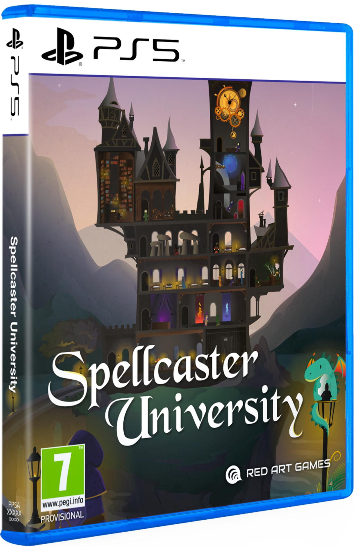 Copertina gioco PS5 per Spellcaster University, con castello, drago e montagne.