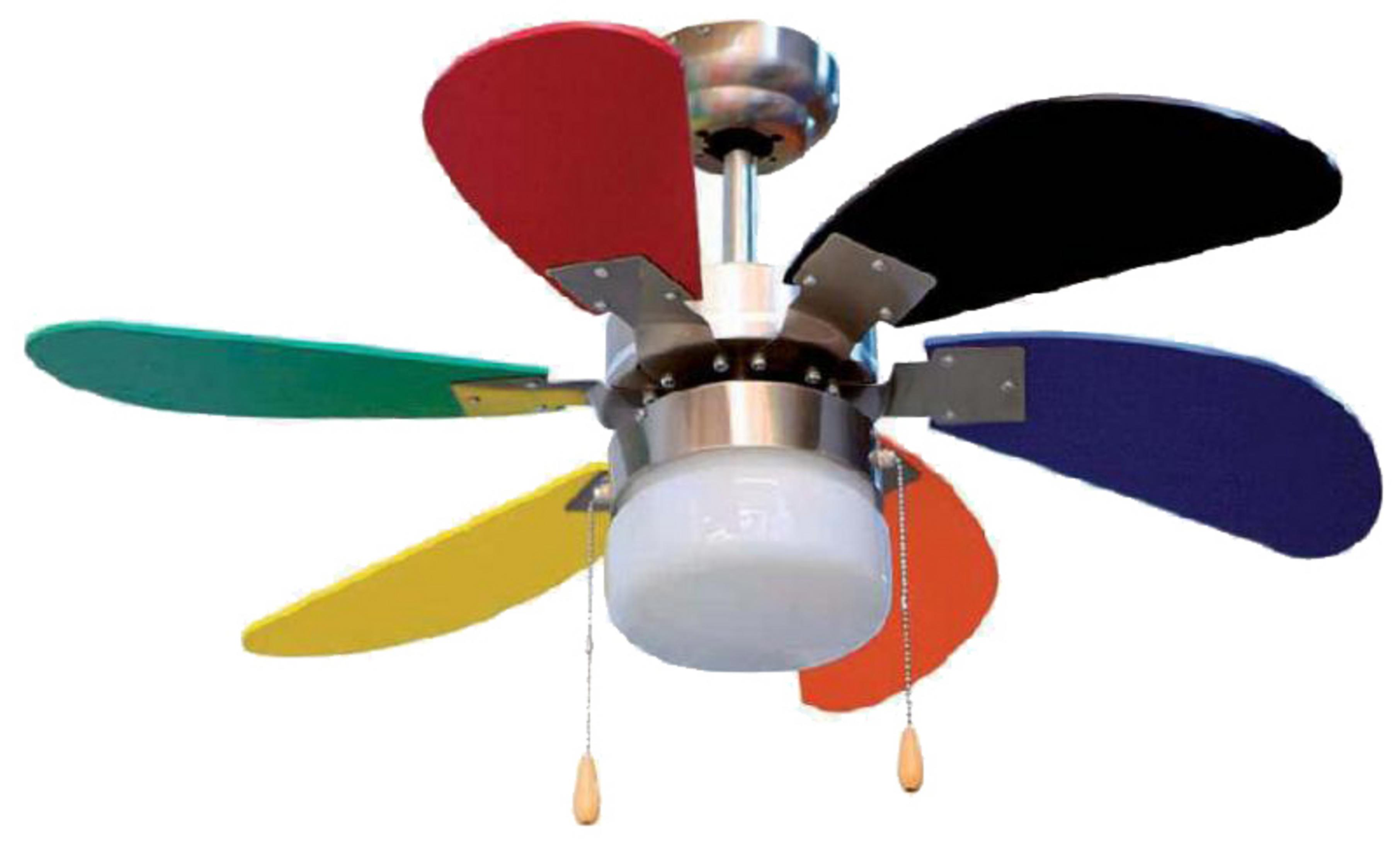 Ventilatore da soffitto con pale colorate: rosso, nero, blu, arancione, giallo, verde.