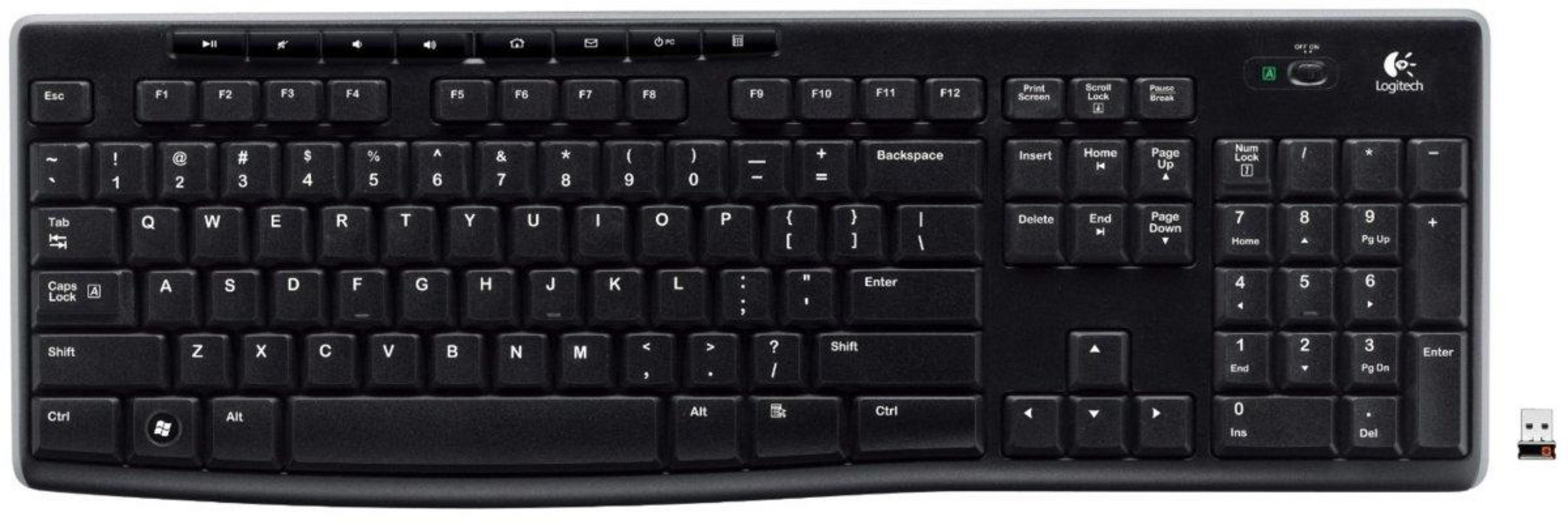 Teclado Logitech negro con teclado numérico y teclas de función.