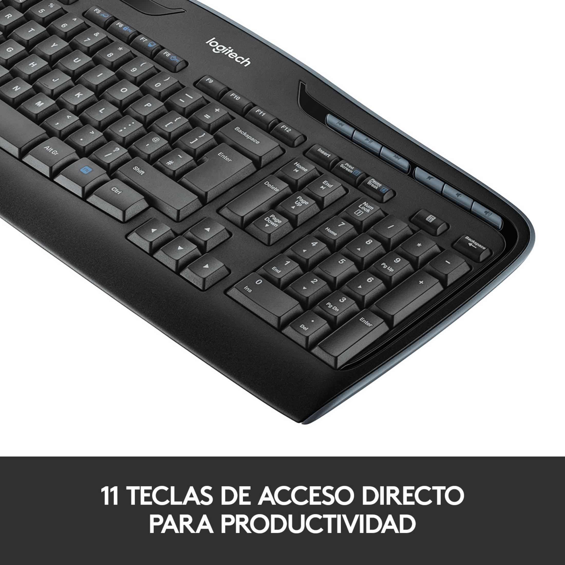 Tastiera Logitech nera con tastierino numerico e tasti multimediali.