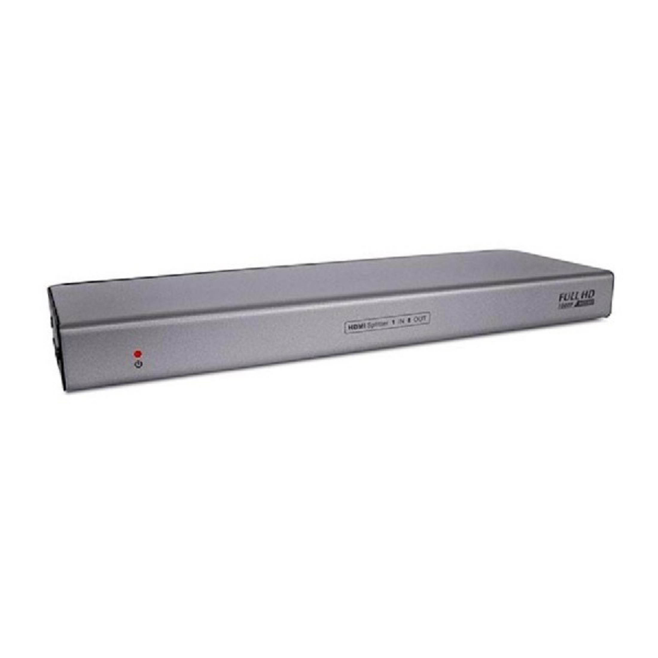 Divisor HDMI gris con luz roja y etiquetas de texto.