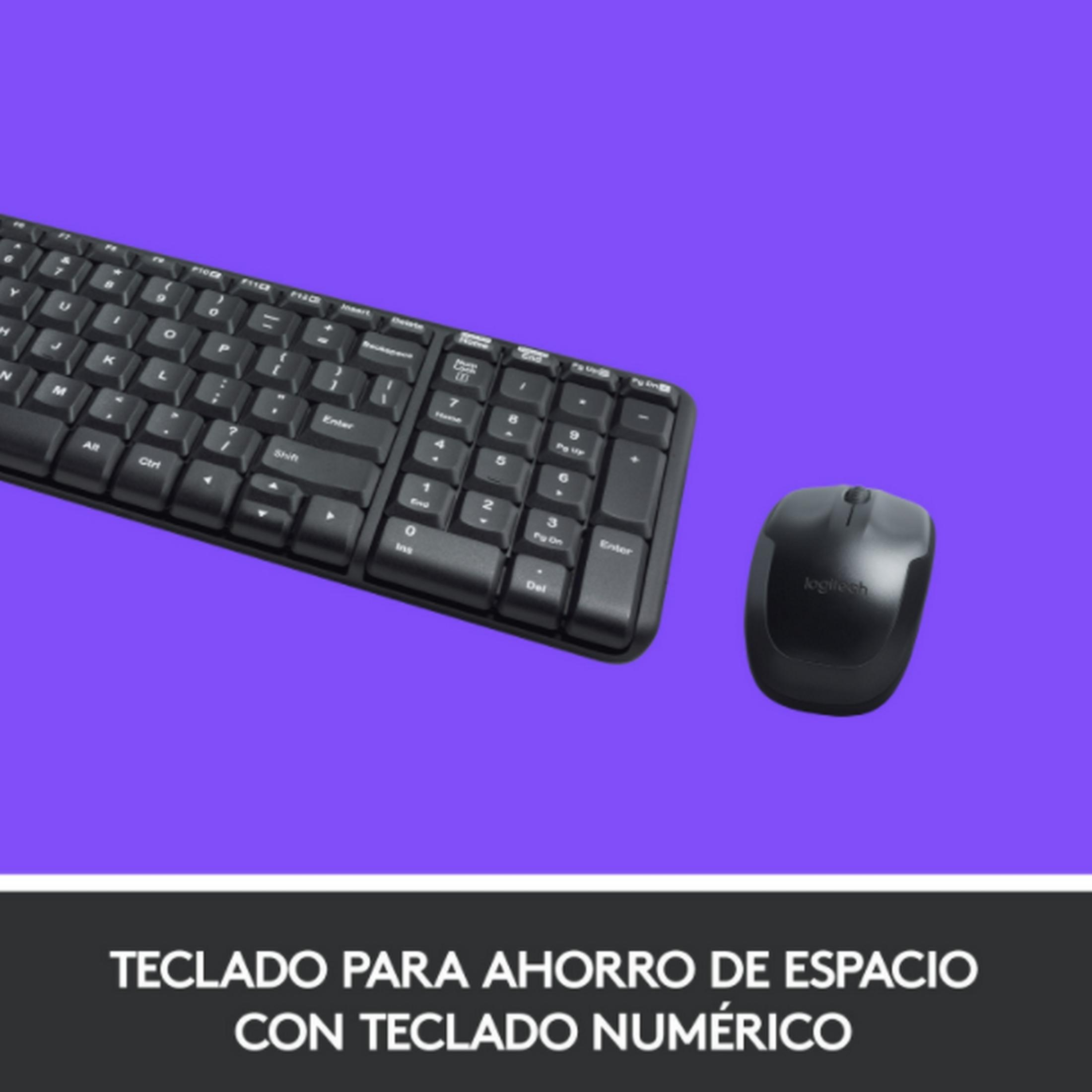 Teclado y ratón Logitech negros sobre fondo morado.