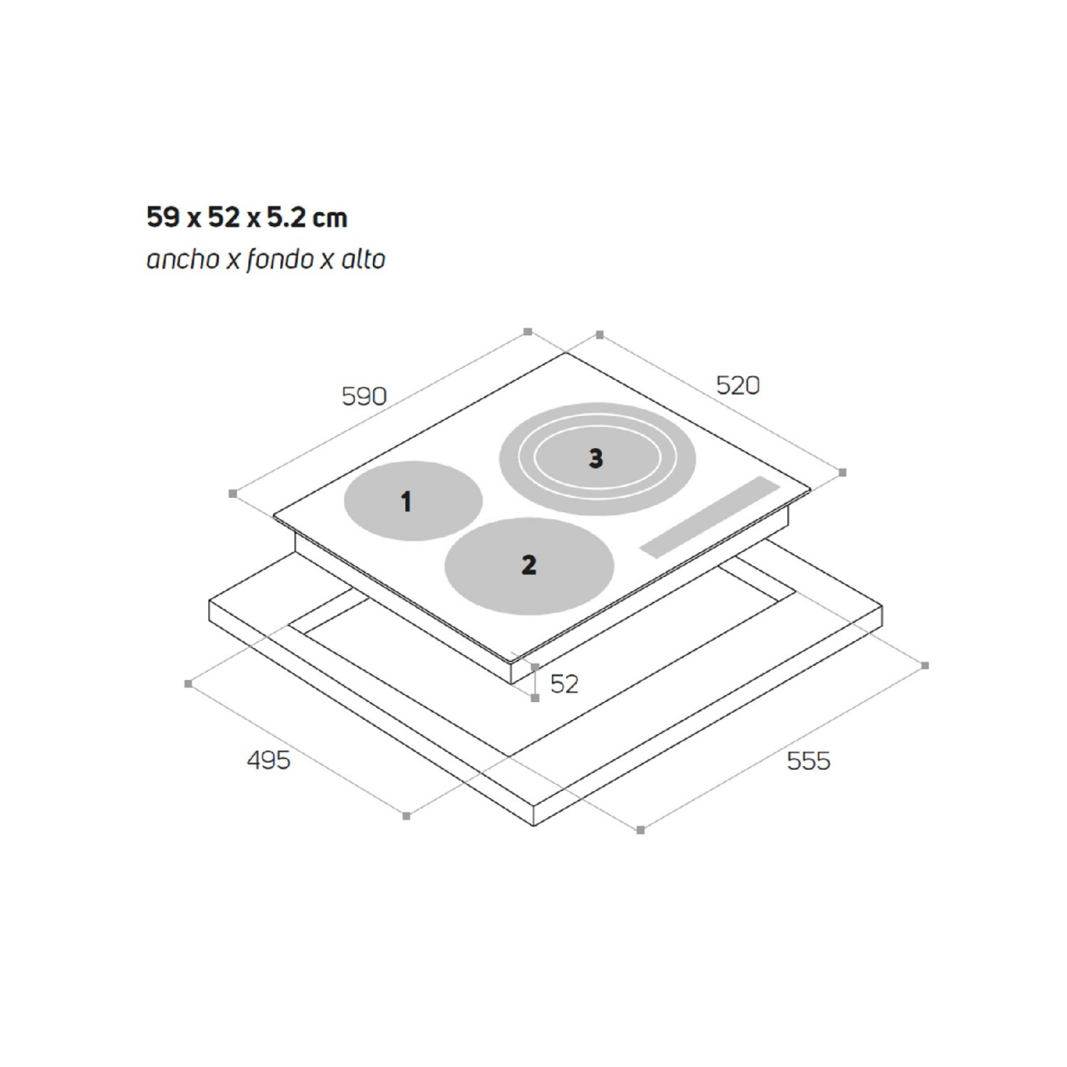 Diagrama de una placa de inducción negra con dimensiones. Tres zonas de cocción están marcadas 1, 2 y 3.