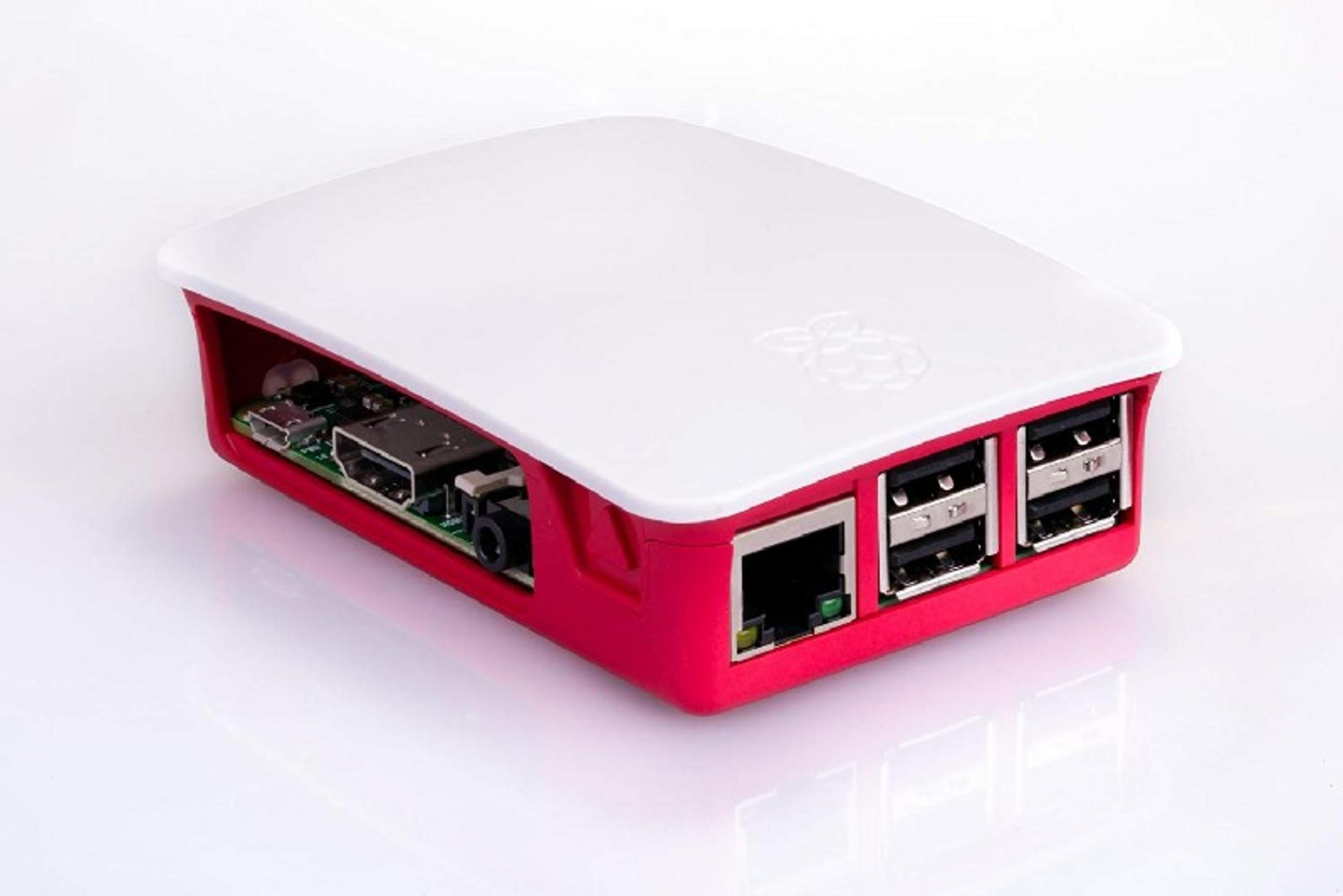 Custodia rossa Raspberry Pi con coperchio bianco, con porte e scheda elettronica.
