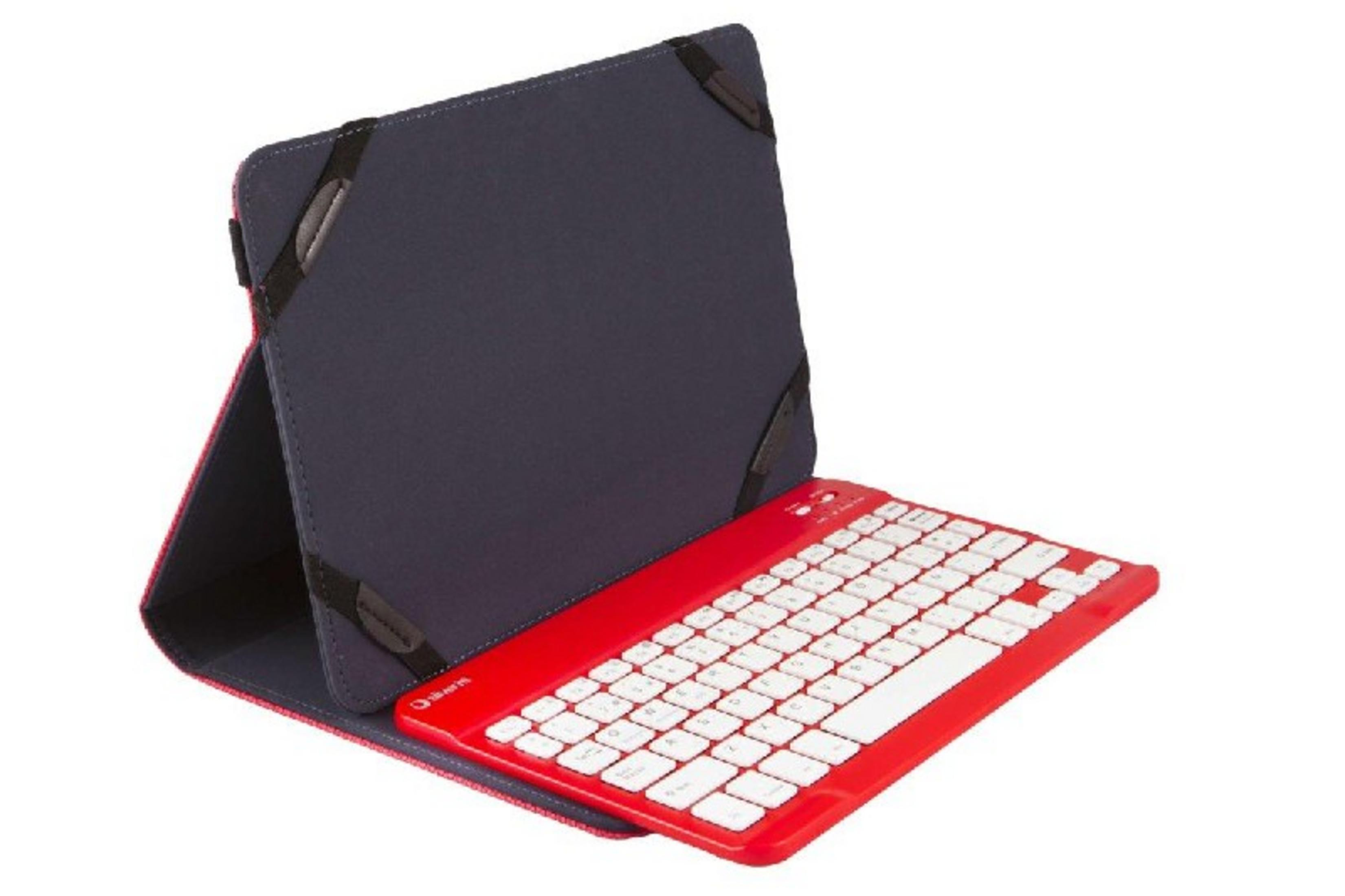 Czerwona klawiatura do tabletu z białymi klawiszami, w ciemnoniebieskiej obudowie.