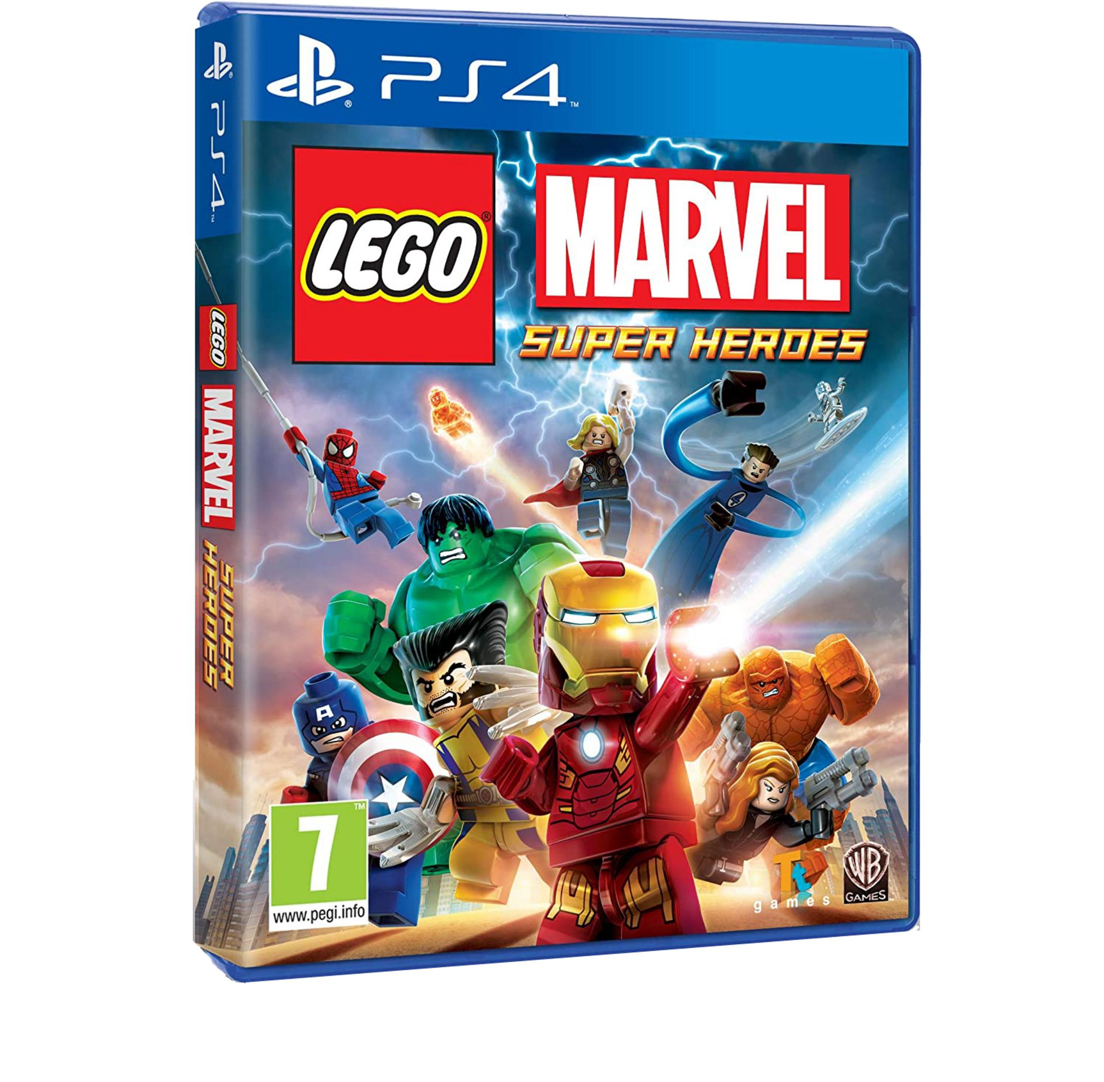 Custodia gioco PS4: Lego Marvel Super Heroes con Iron Man, Hulk, Spider-Man, Thor.