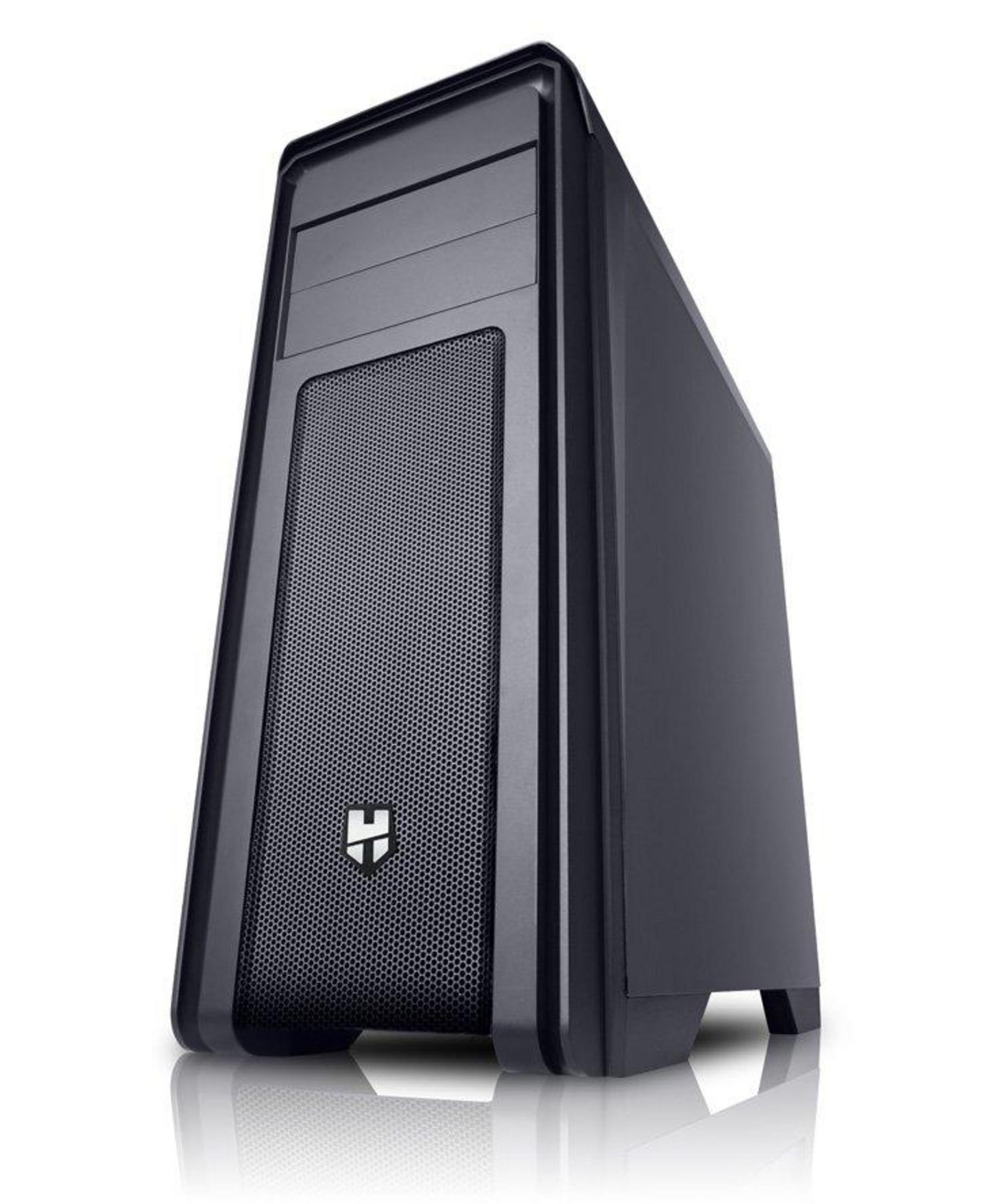 Una torre PC nera su superficie bianca con riflesso.