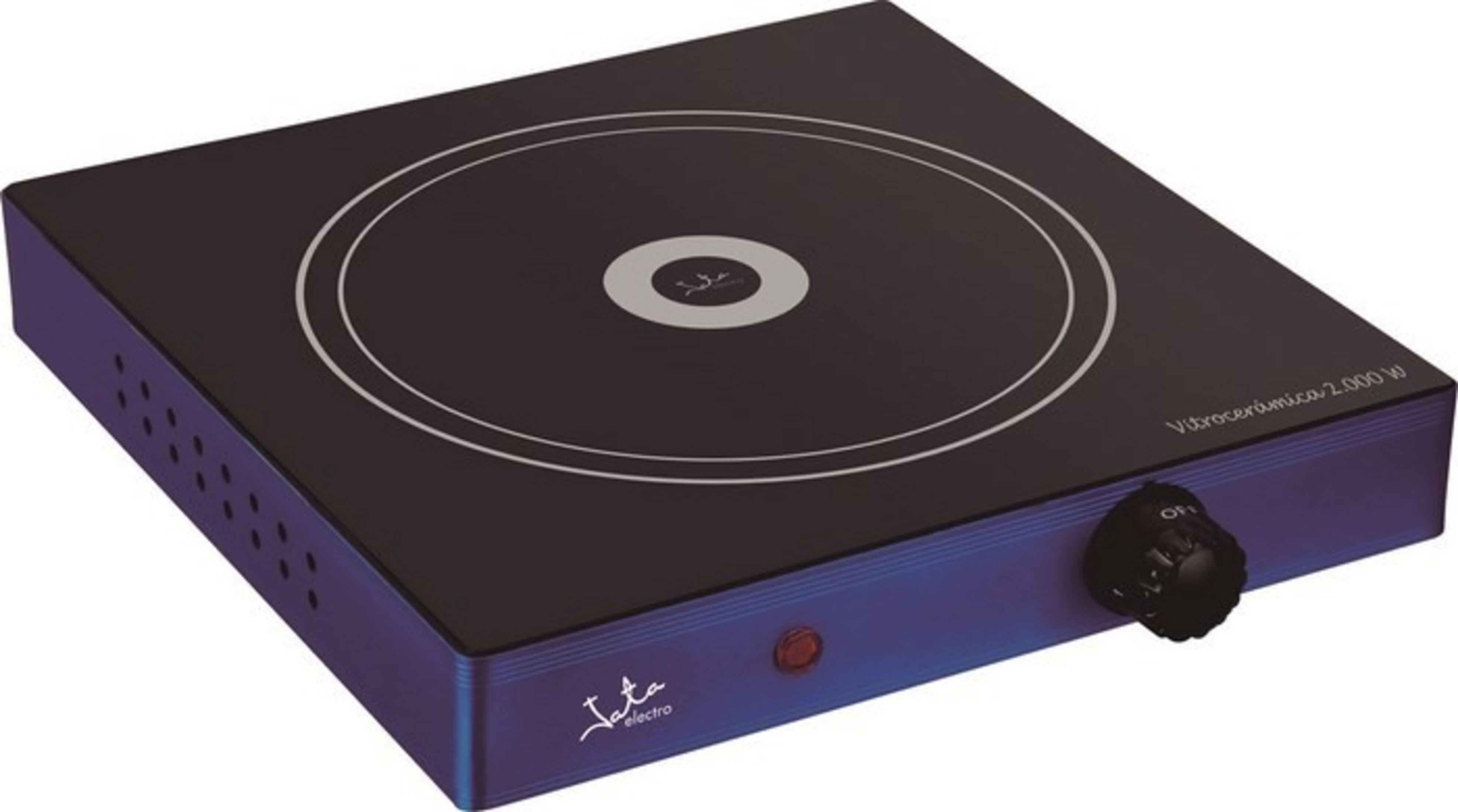 Schwarze Keramikkochplatte mit blauer Basis, Drehknopf und rotem Schalter.