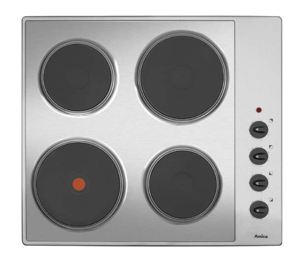 Una placa de cocina metálica con cuatro zonas de cocción negras y mandos giratorios.