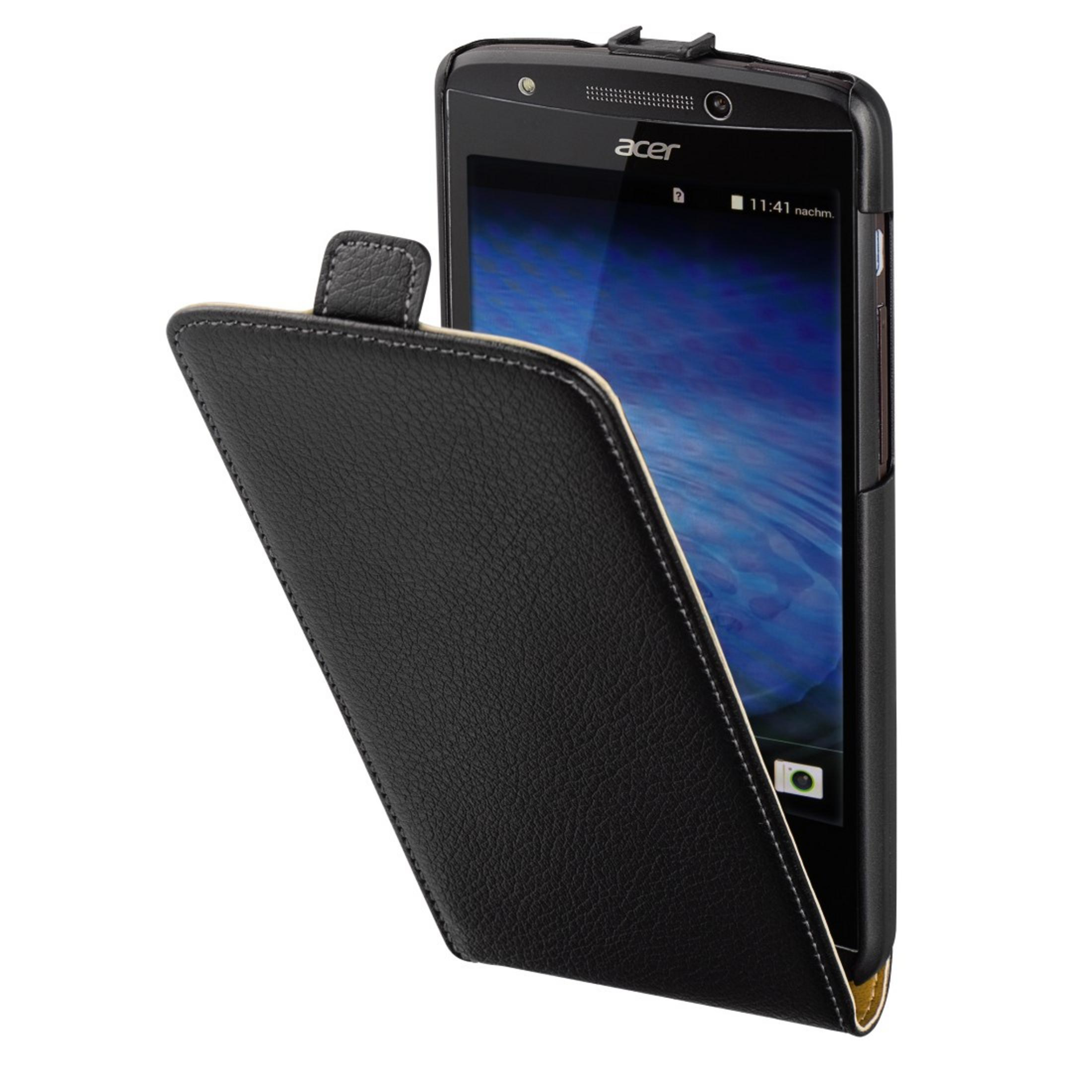 Ein schwarzes Lederetui mit offenem Deckel auf einem schwarzen Acer-Smartphone.