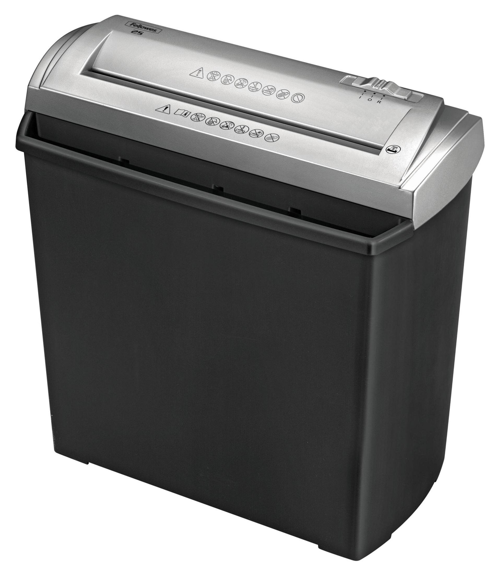 Una trituradora Fellowes 25 plateada con papelera negra sobre fondo blanco.