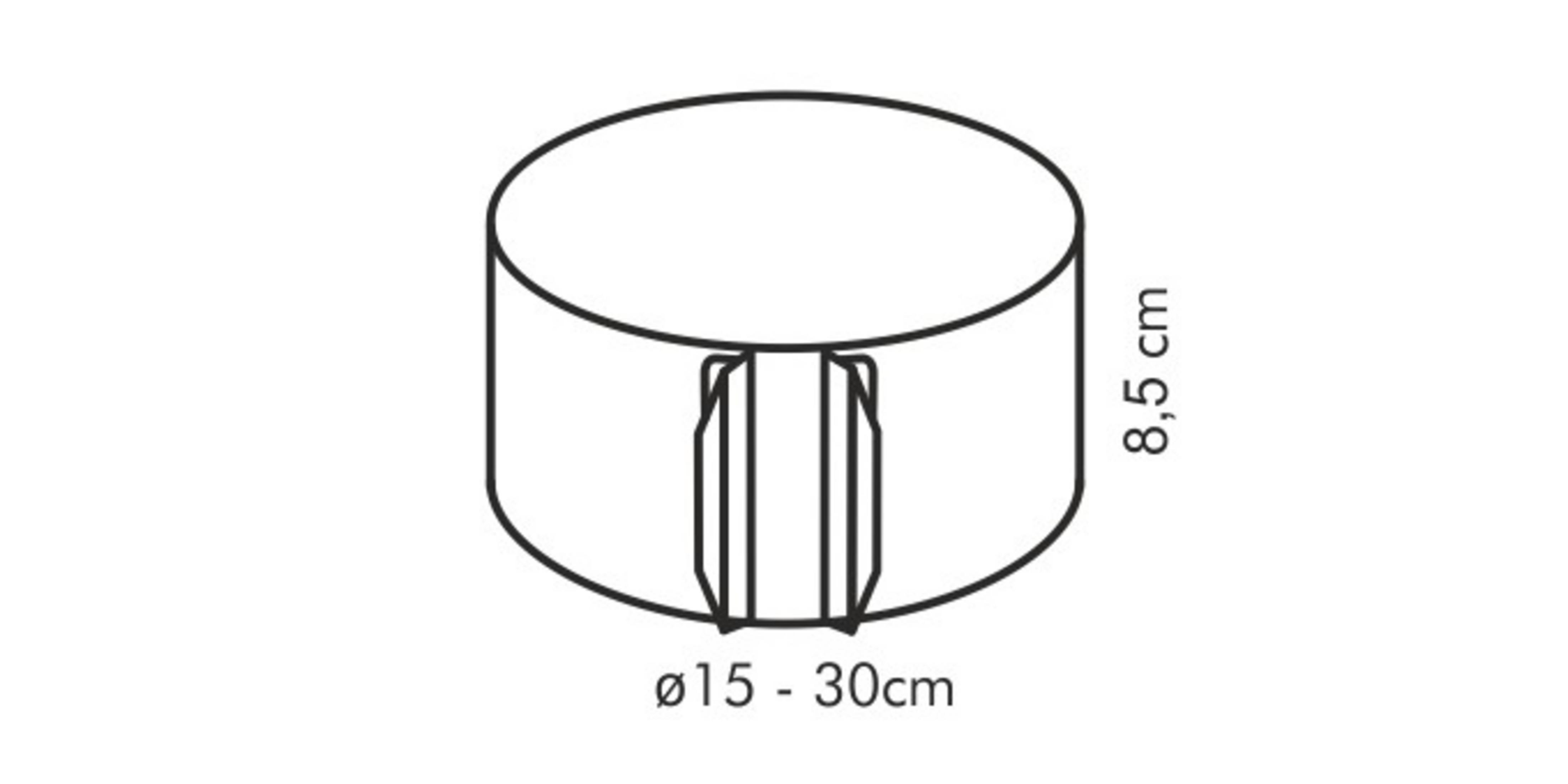 Zylindrisches Objekt mit Maßen 8,5 cm Höhe und 15-30 cm Durchmesser.