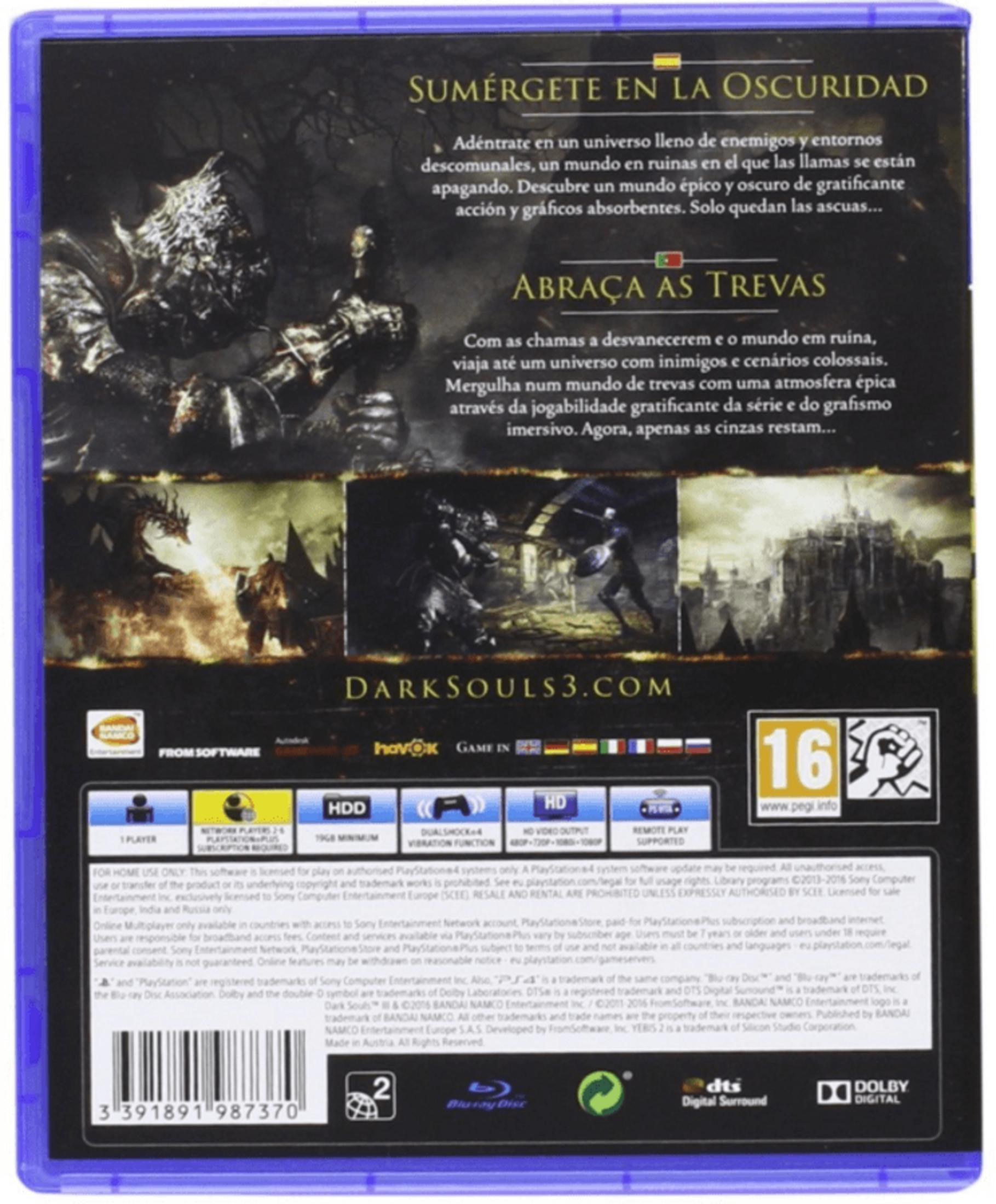 Dark Souls 3 game cover with Spanish and Portuguese text and game logos.