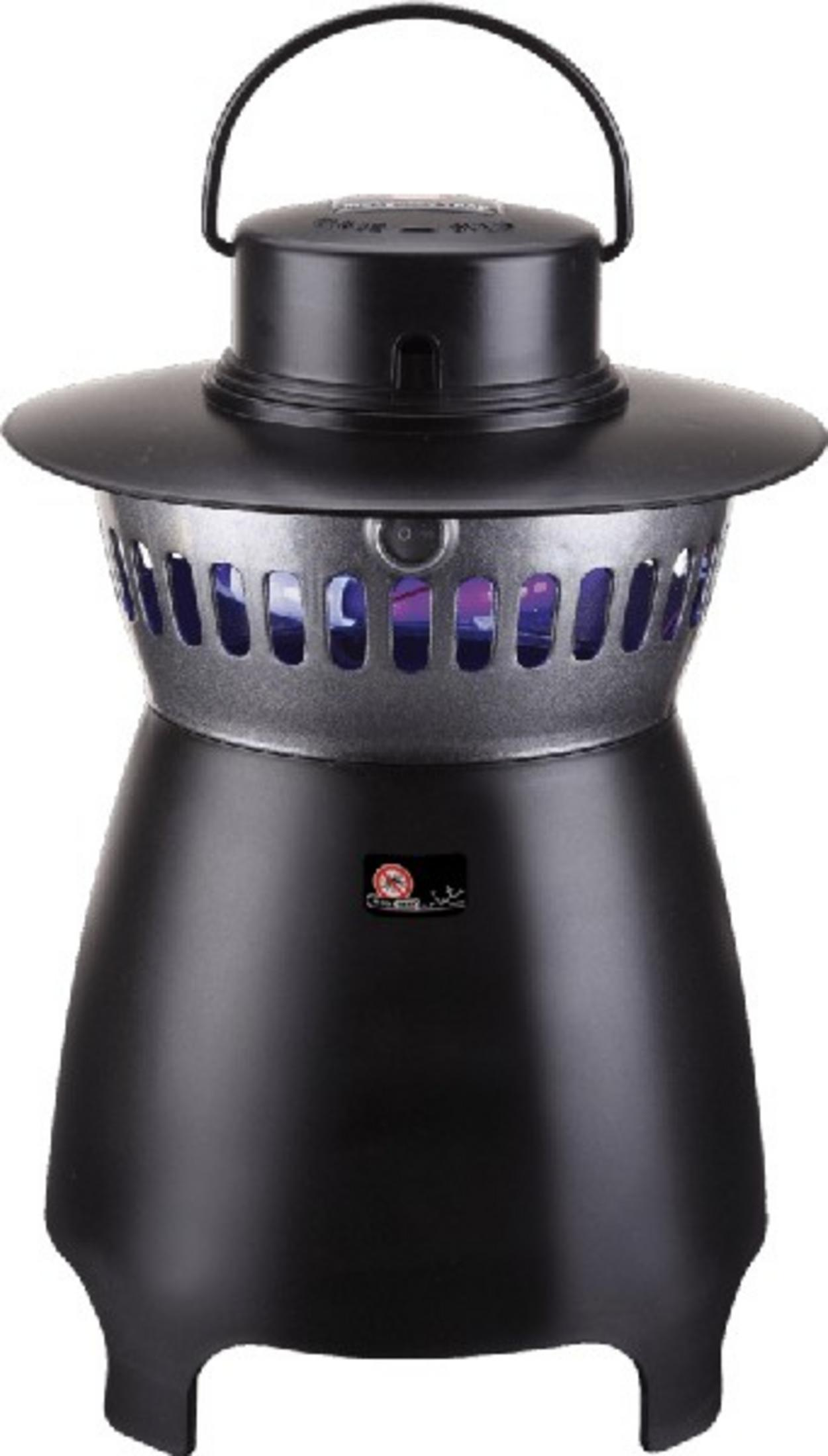 Trampa para insectos negra con asa y tubos de luz azul.