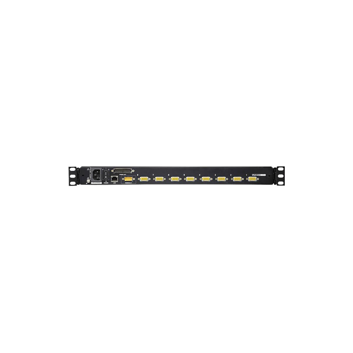 Rückseite eines schwarzen Rack-Geräts mit Anschlüssen: Strom, VGA, USB, RJ45 und 8x VGA-Ausgänge.
