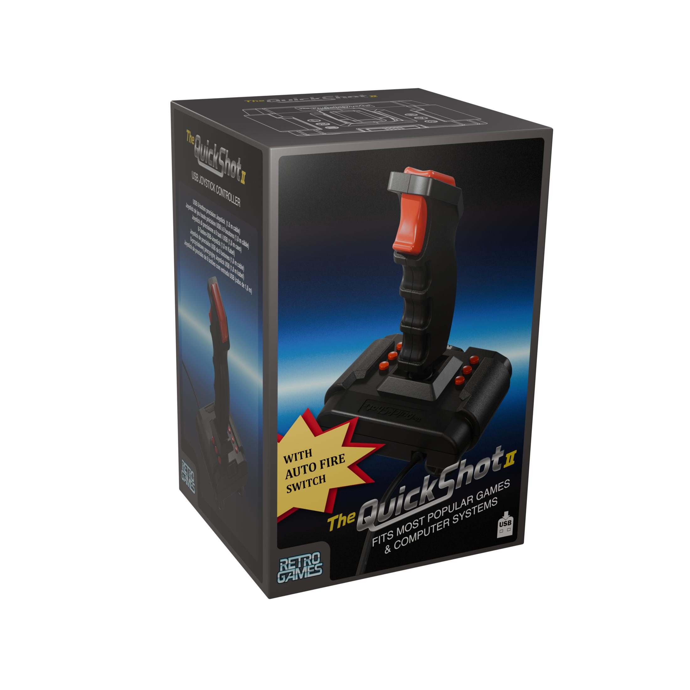 Ein schwarzer Joystick mit rotem Griff und Tasten auf einer Verpackung.