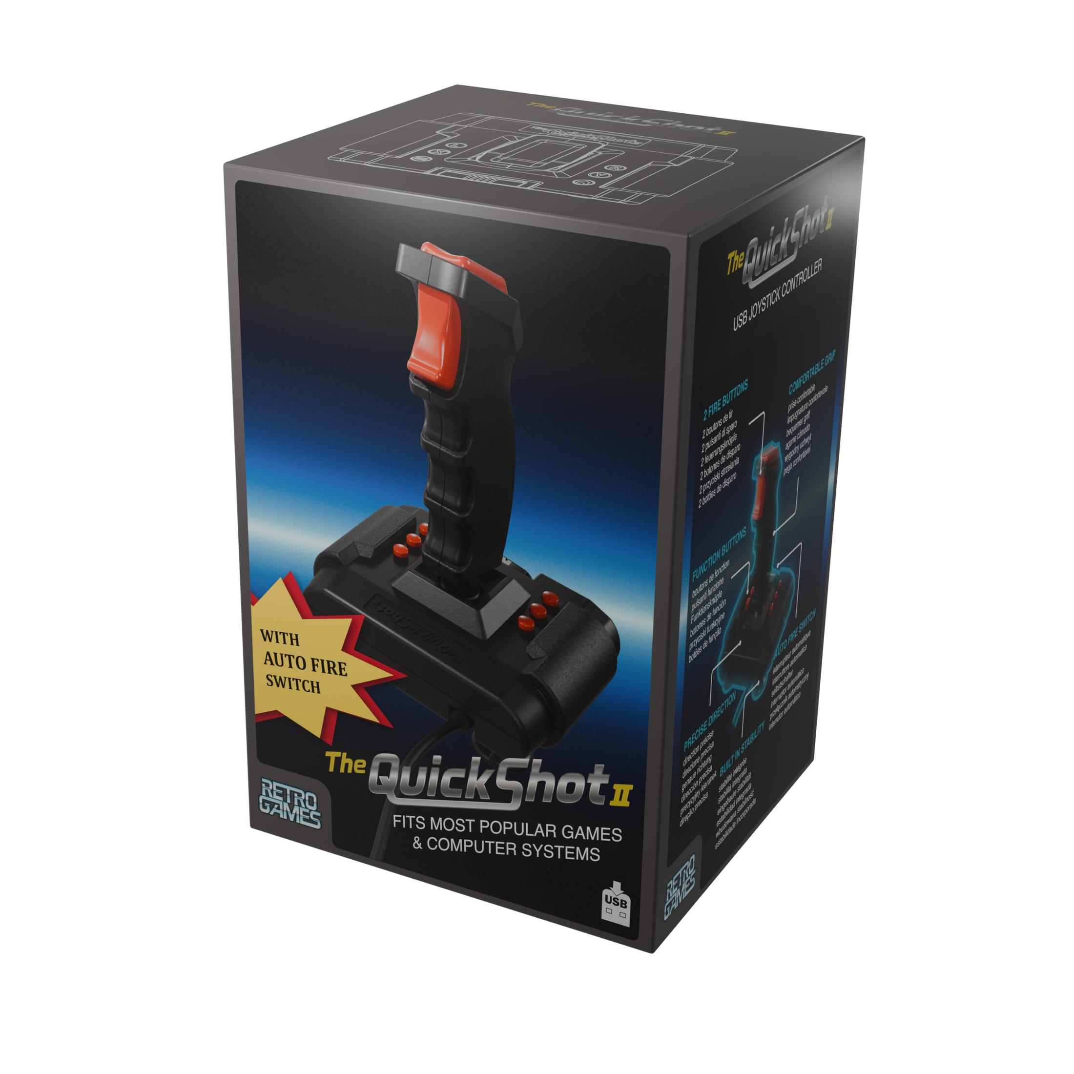 Verpackung eines schwarzen Joysticks mit rotem Griff, "QuickShot II"-Logo.