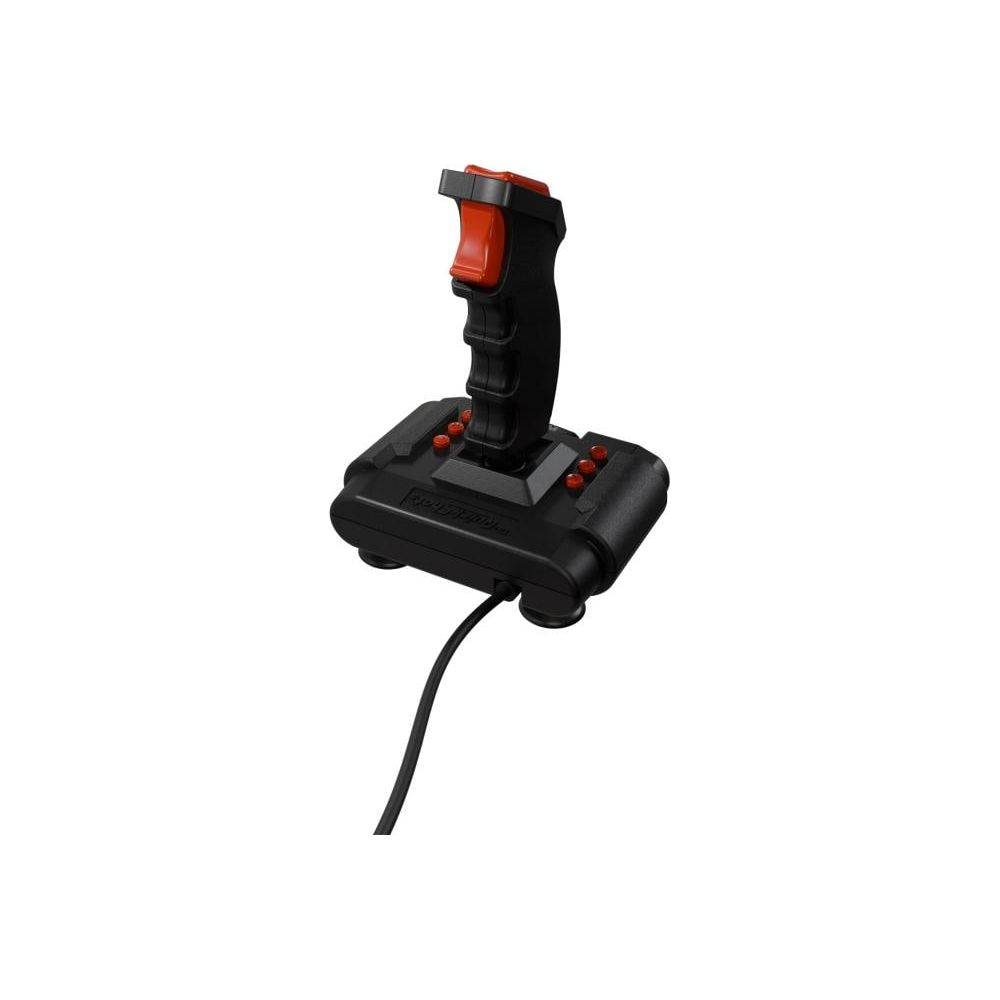 Ein schwarzer Joystick mit rotem Akzent und Kabel auf weißem Hintergrund.