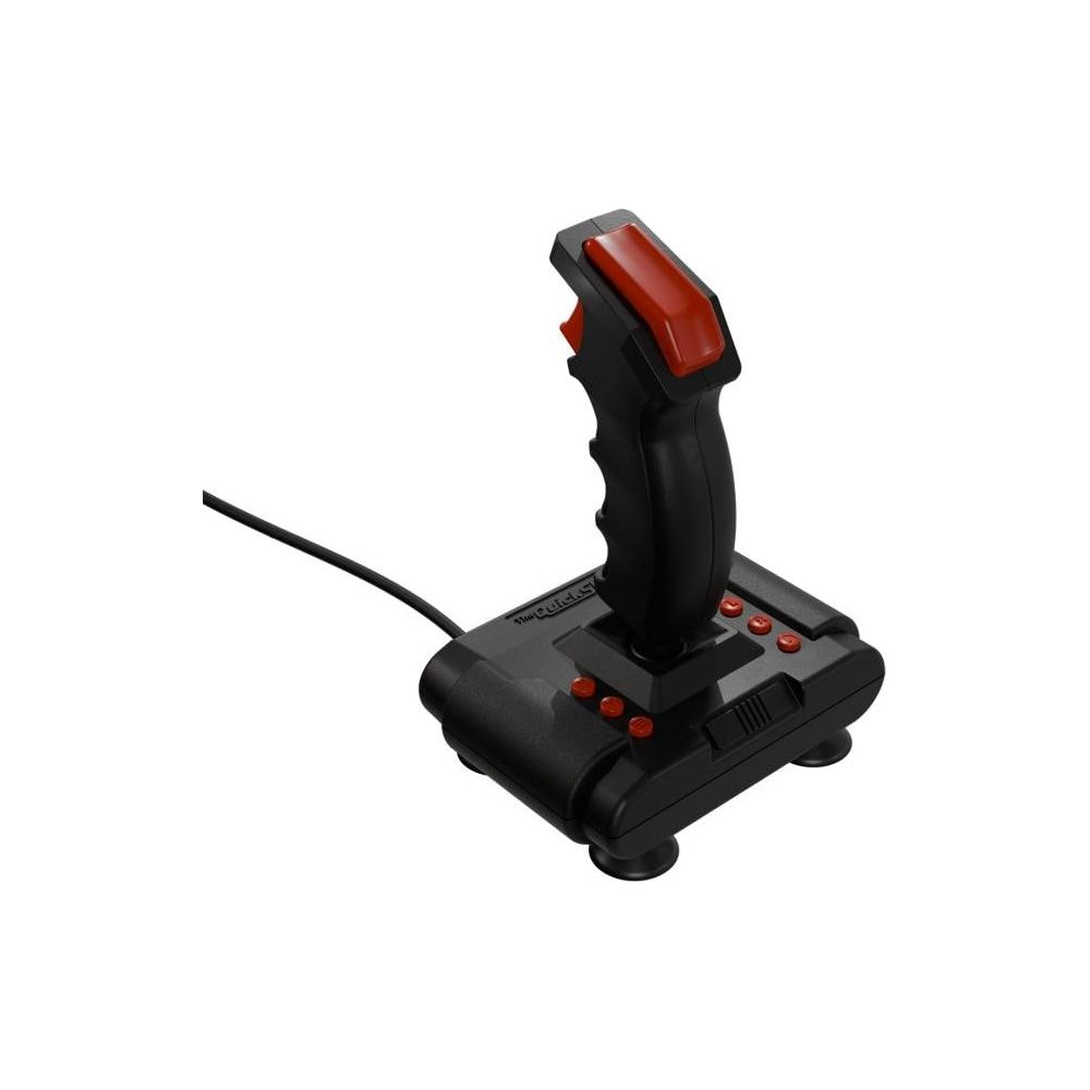 Ein schwarzer Joystick mit roten Knöpfen und einem roten Abzug auf weißem Hintergrund.