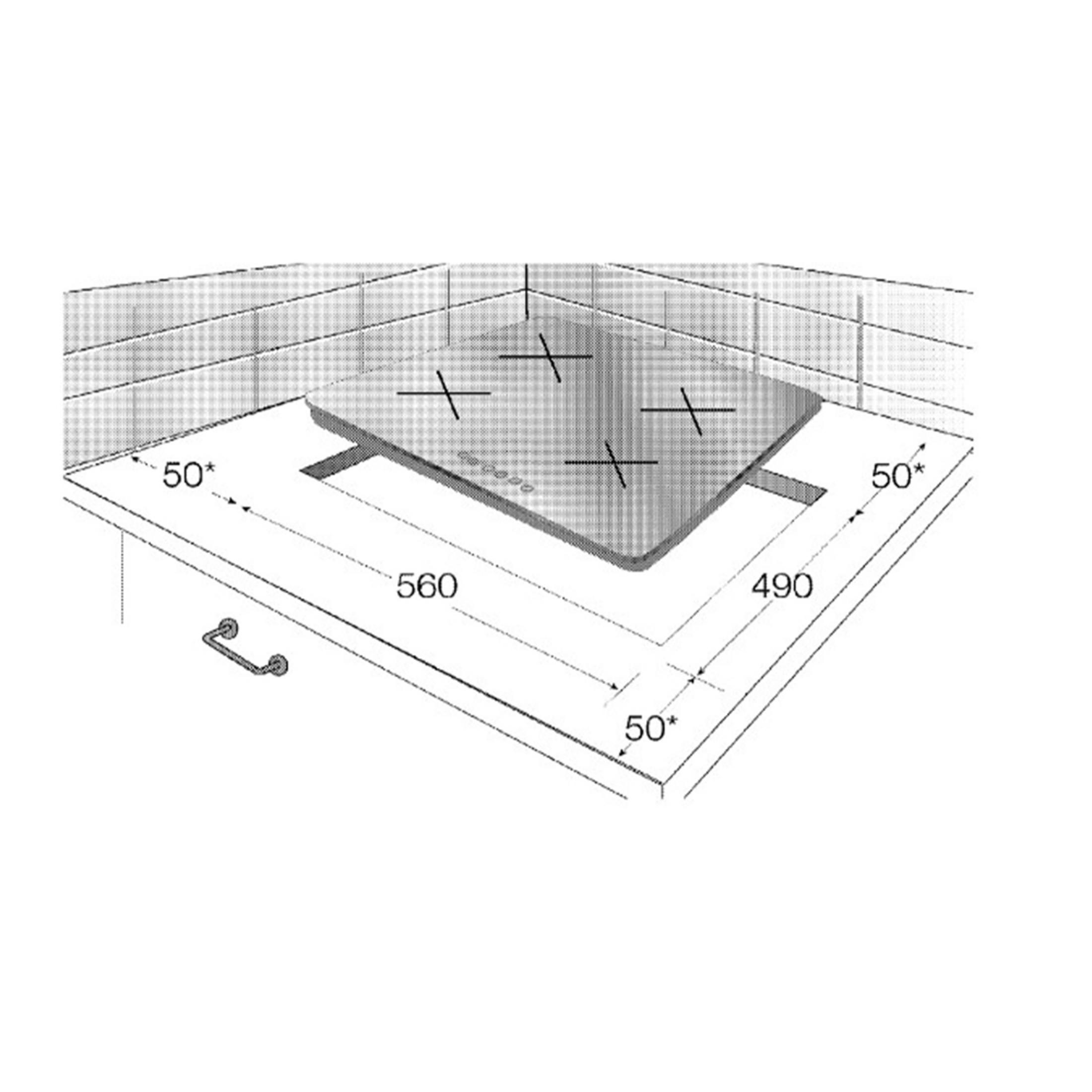 Disegno tecnico di un piano cottura con dimensioni.