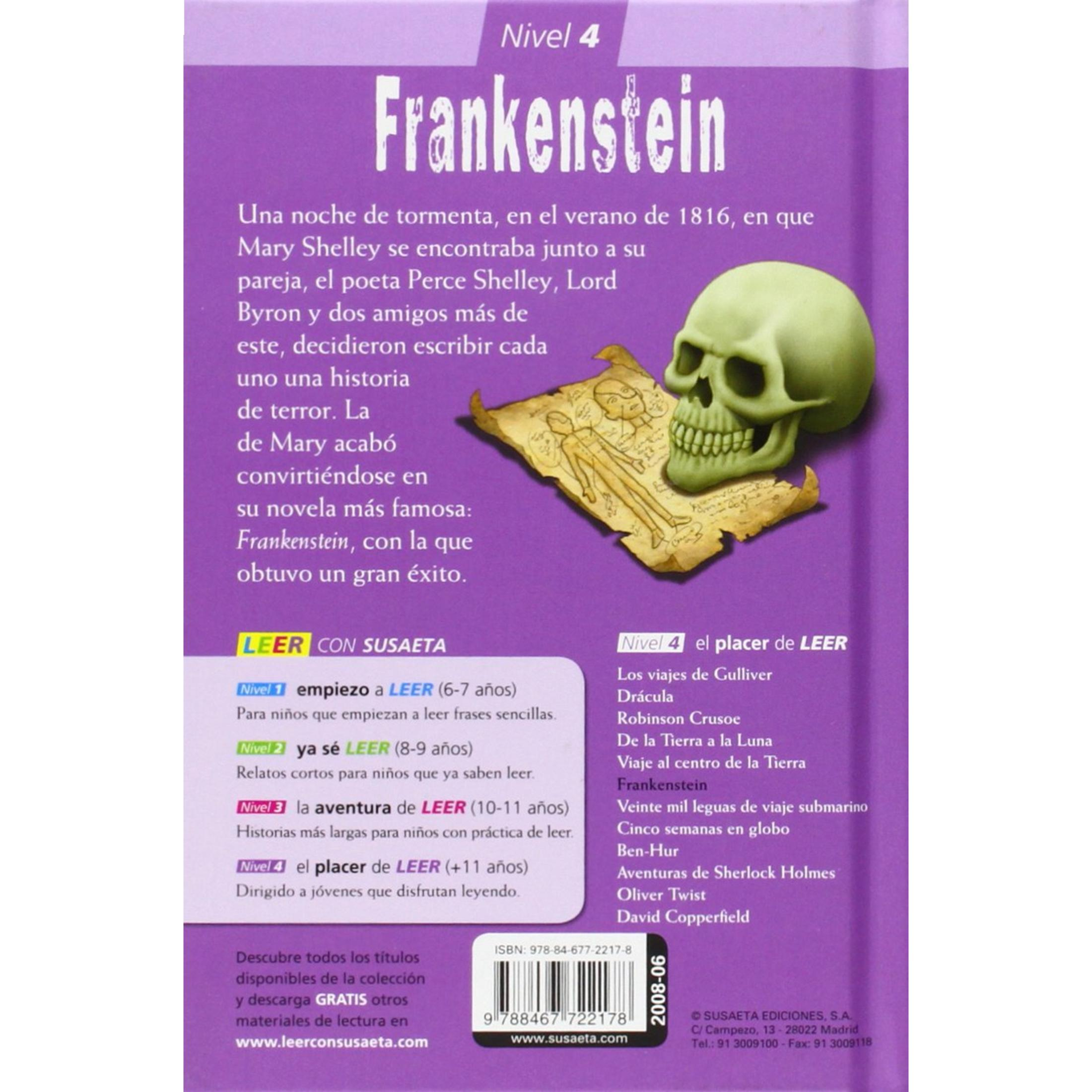 Portada de libro con calavera y mapa antiguo, título Frankenstein.