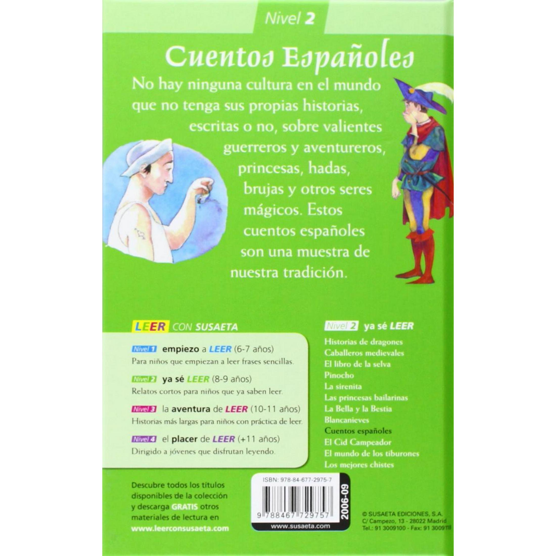 Portada de libro con ilustración de un niño con atuendo medieval y cuentos españoles.