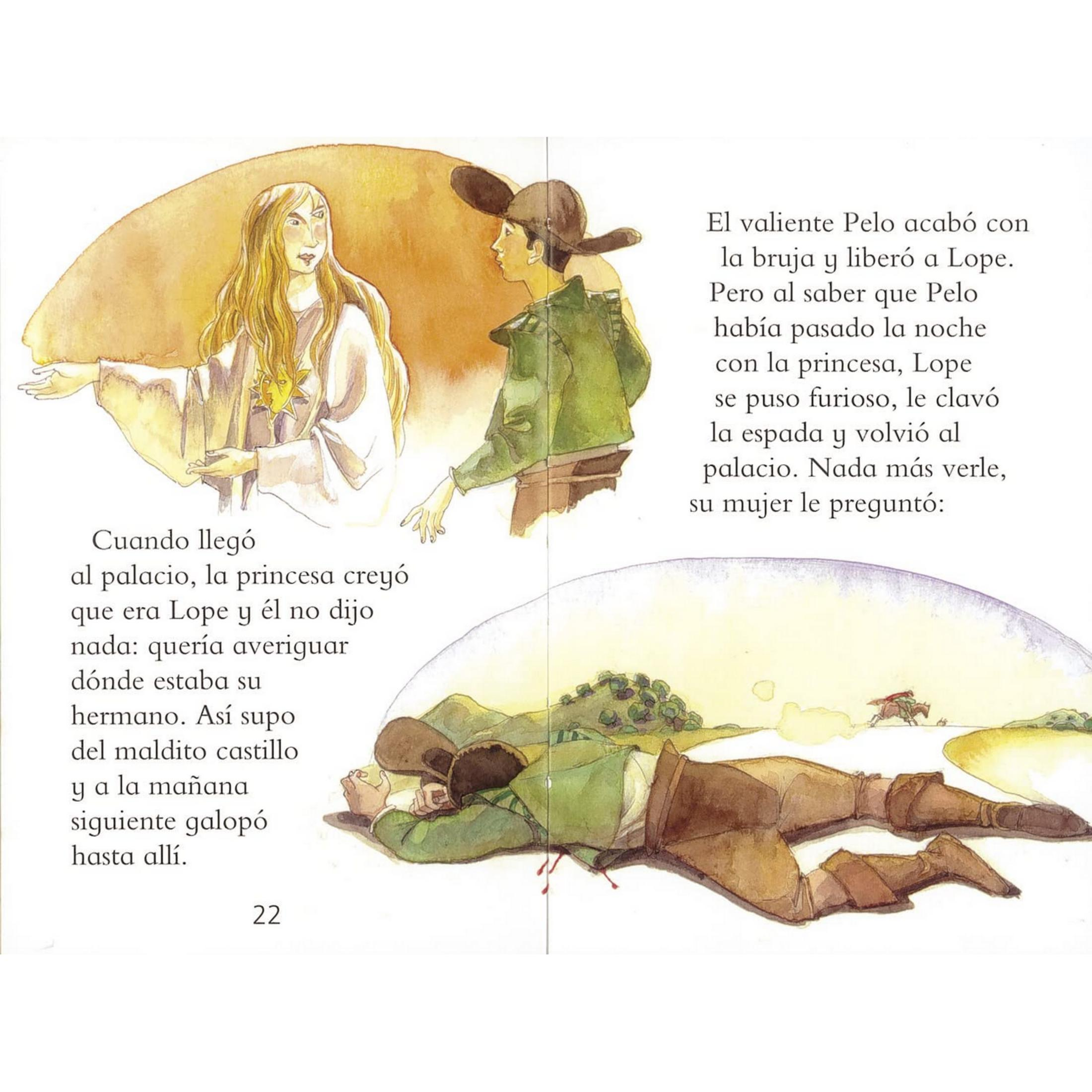 Princesa y hombre hablan. Hombre yace herido en el suelo. Jinete a lo lejos.
