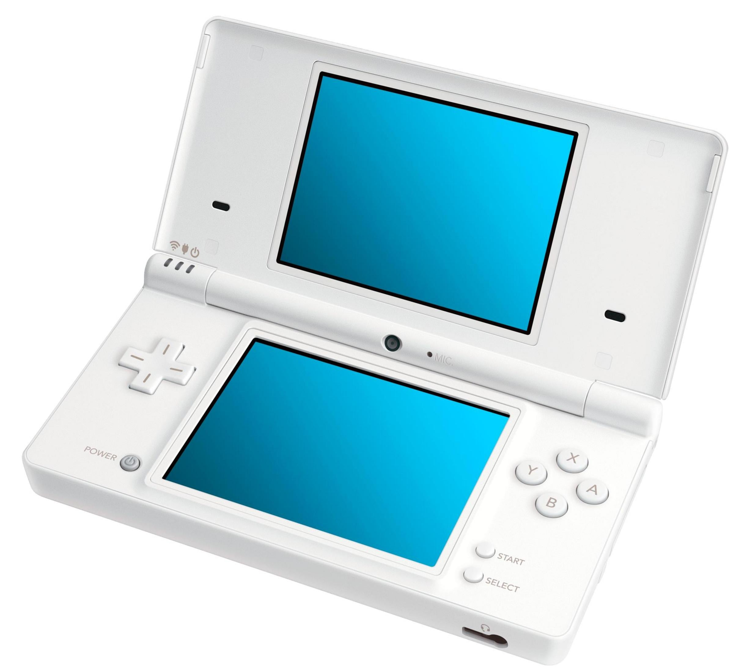 Een witte Nintendo DS met blauwe schermen en bedieningselementen.