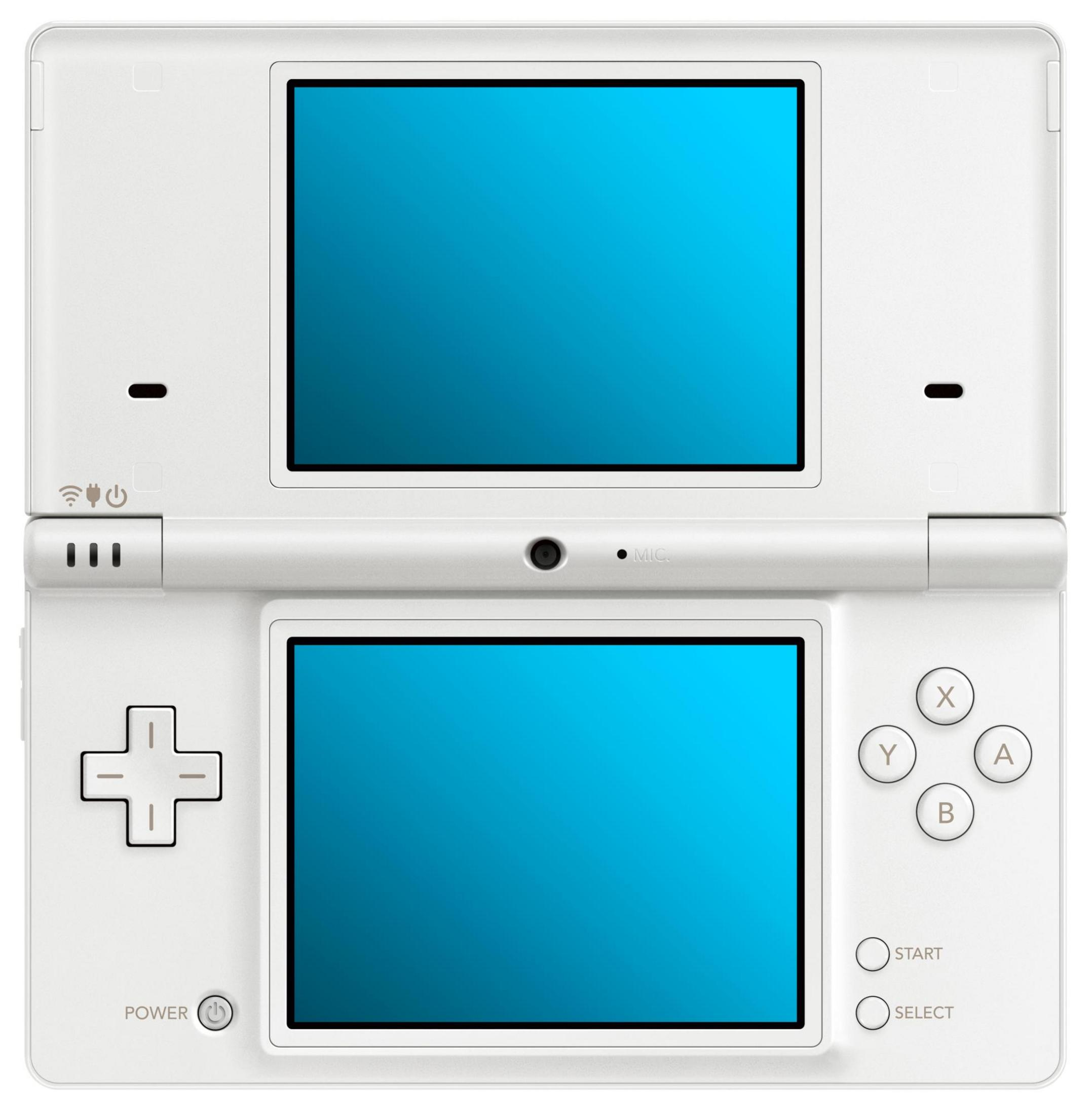 Een witte Nintendo DS met twee blauwe schermen en spelbediening.