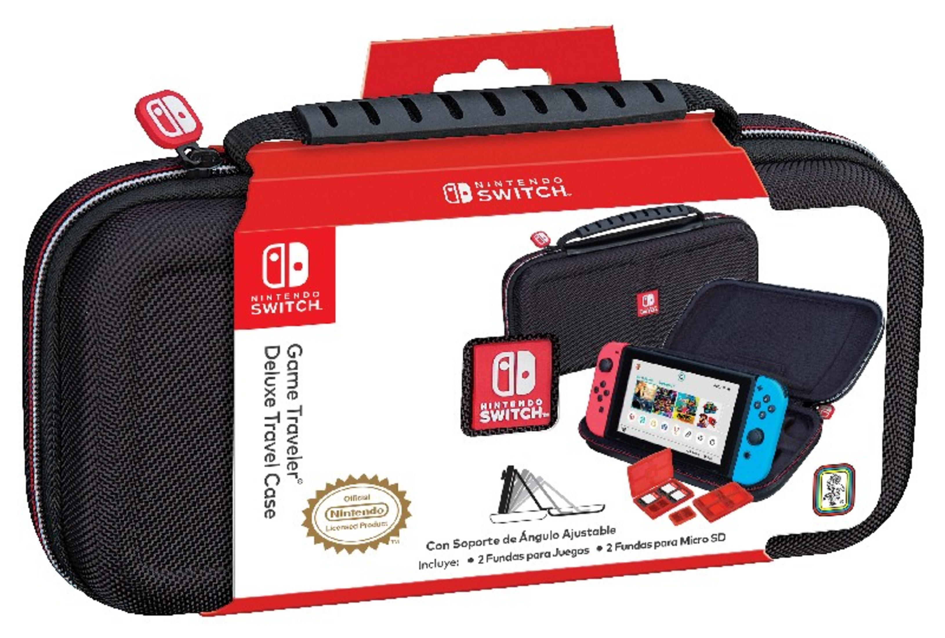 Funda de viaje Nintendo Switch con mando, soporte y fundas para tarjetas SD.