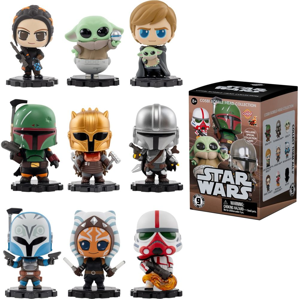Star Wars Cosbi Bobble-Heads: Mandalorian, Boba Fett, Grogu, Luke, Ahsoka, Clone Trooper.