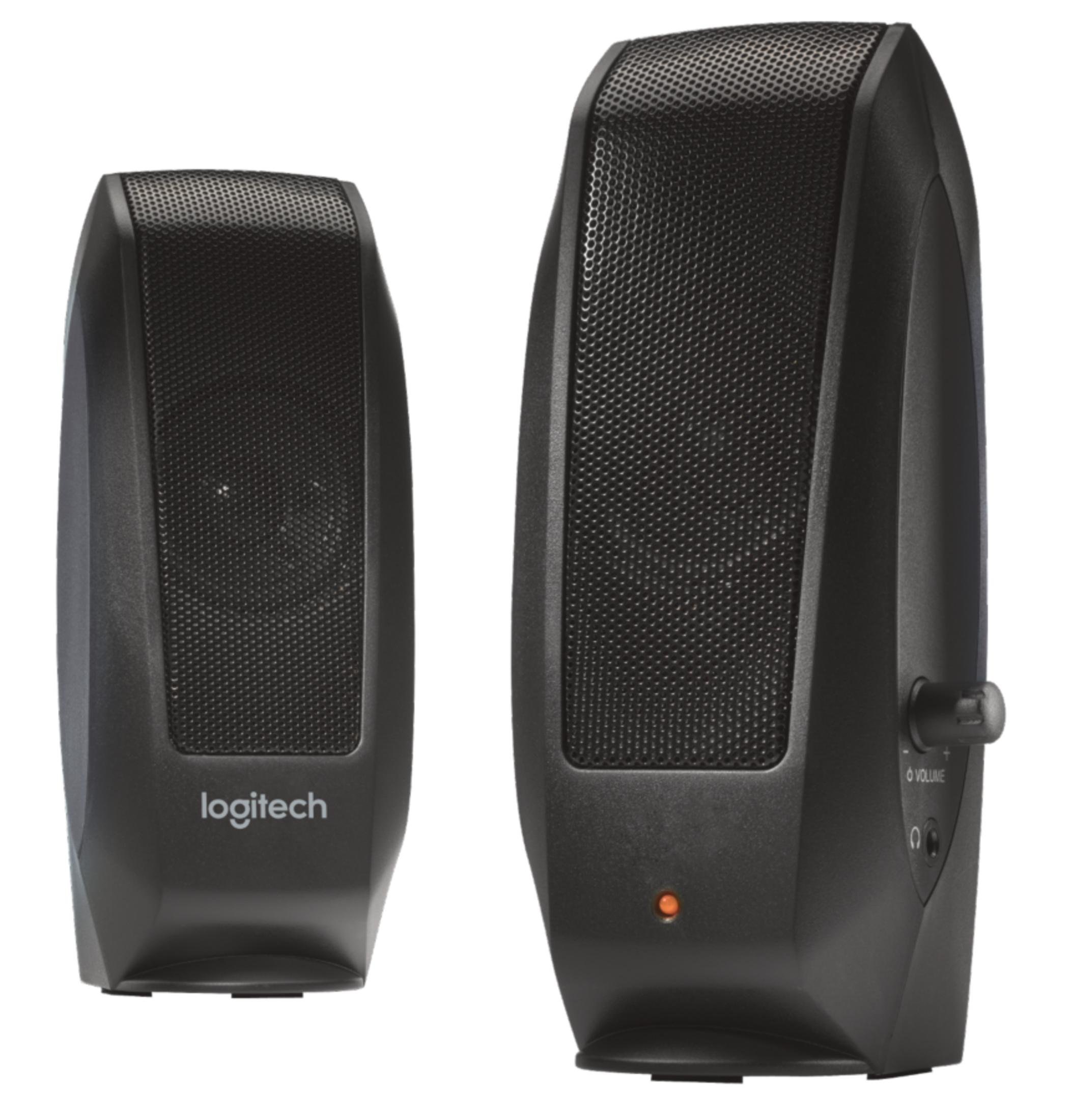 Due altoparlanti Logitech neri, uno più piccolo dell'altro, su sfondo bianco.
