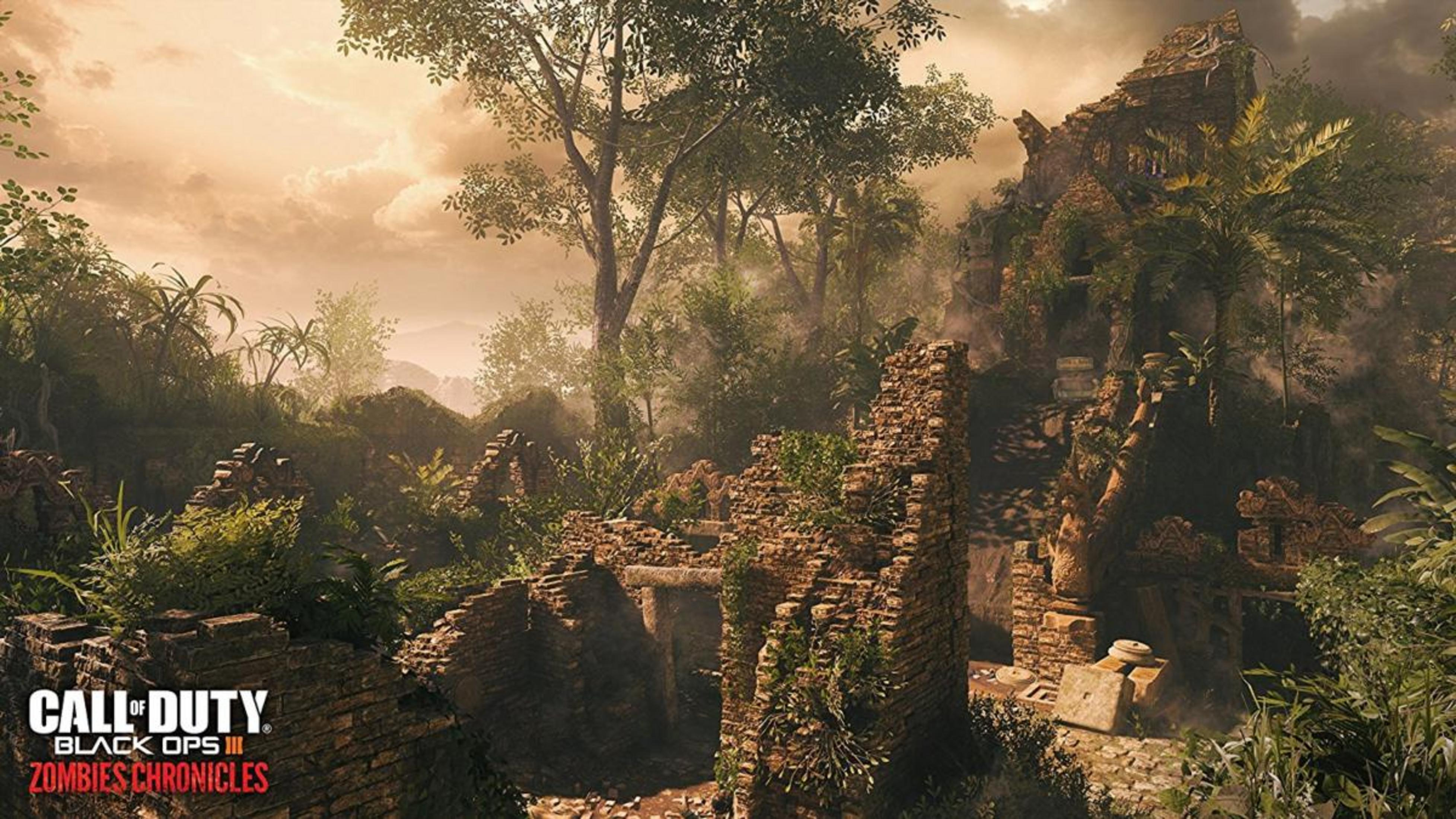 Ruinas en descomposición de una jungla con vegetación exuberante y cielo dramático.