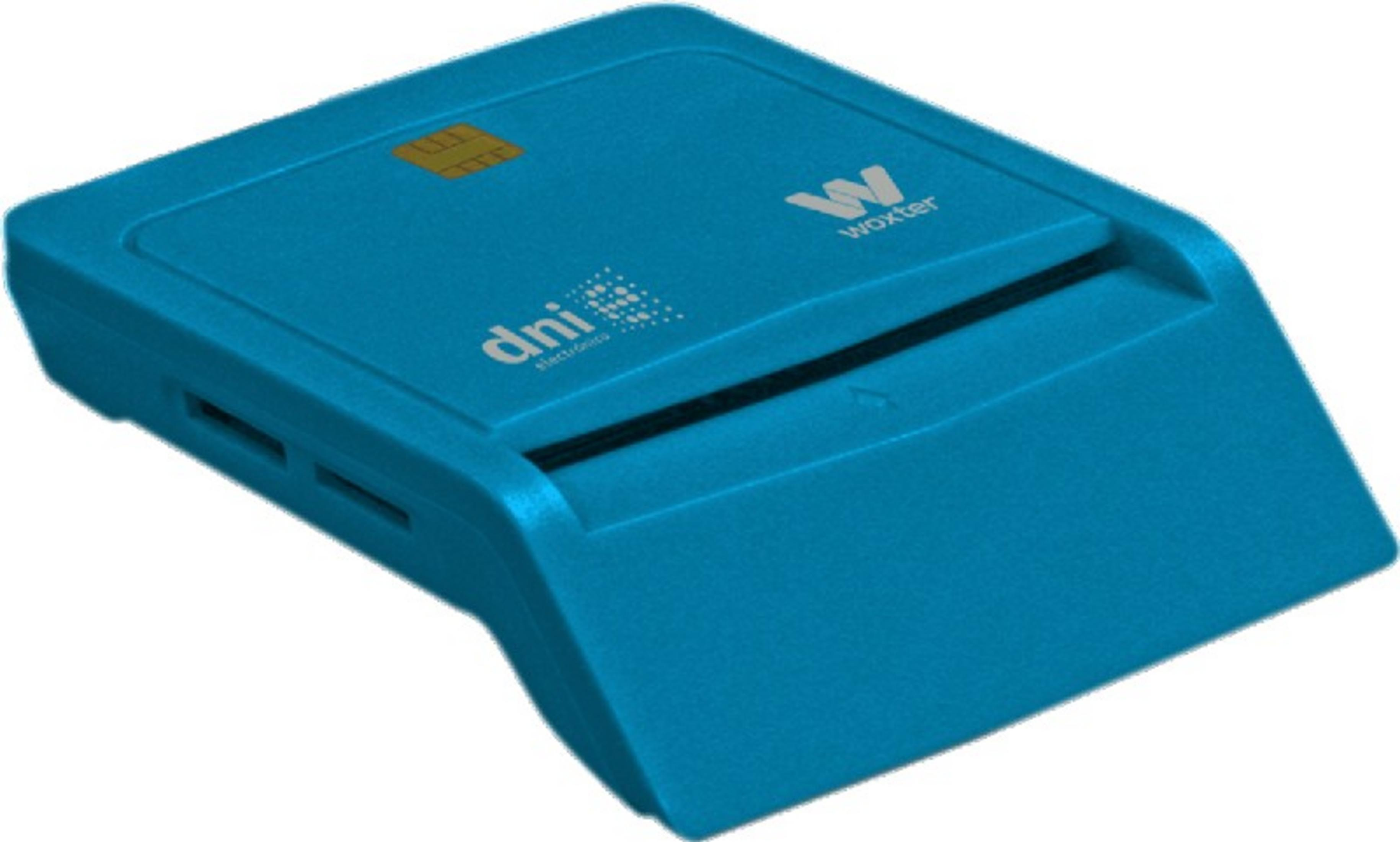 Un lector de tarjetas azul con ranura para tarjeta SIM y logo de Woxt.