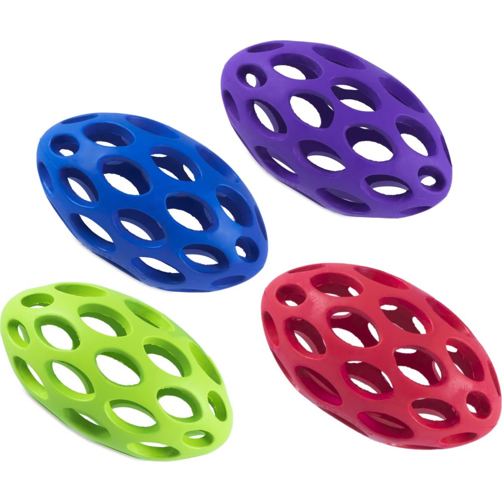 Vier ovale, hohle, flexible Spielzeuge in Blau, Lila, Grün und Rot auf weißem Grund.