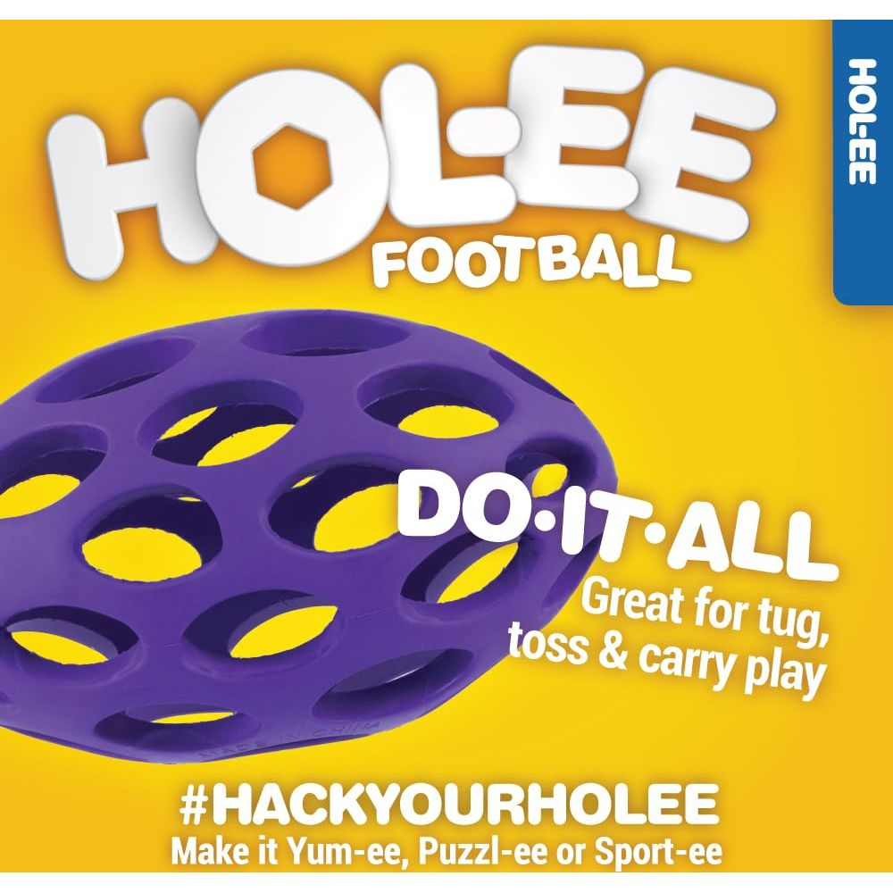 Ein lila Lochball mit der Aufschrift HOLEE FOOTBALL. Für Zerr-, Wurf- und Tragespiele.