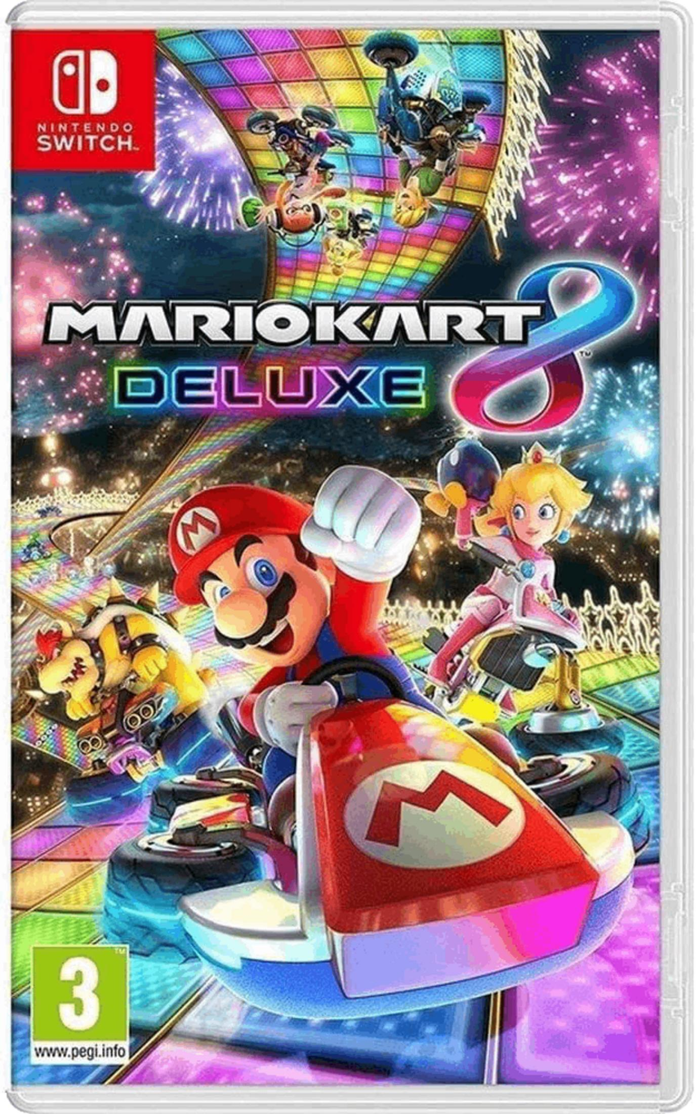 Copertina di Mario Kart 8 Deluxe con personaggi in go-kart e fuochi d'artificio sullo sfondo.