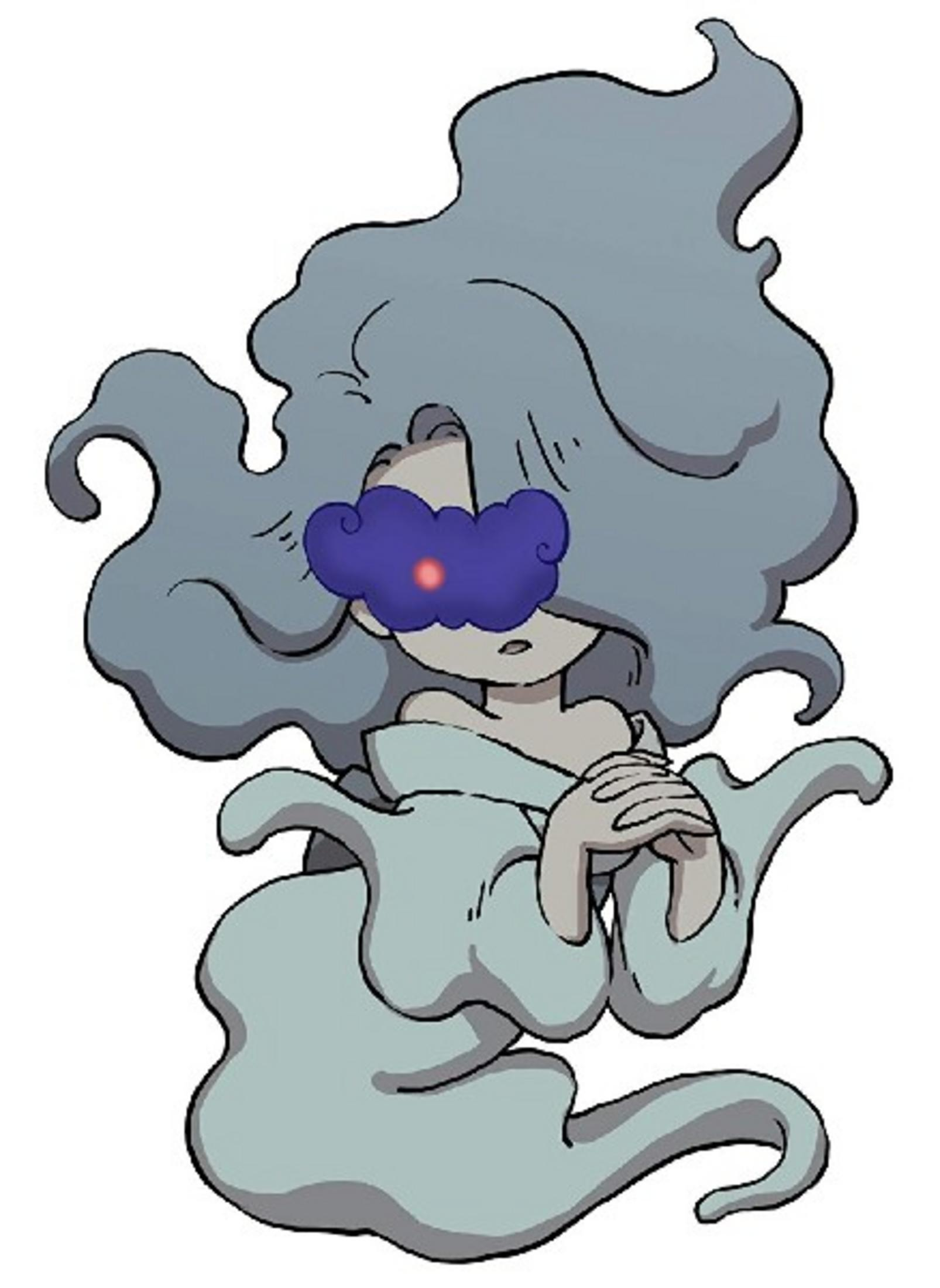 Una figura fantasmal con cabello gris ondeante y una nube azul sobre los ojos, con un brillo rojo.